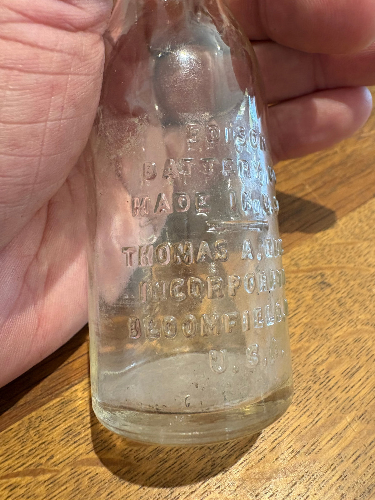 Vintage Edison Battery Oil Glass Bottle , Made In USA. 4 Inches High