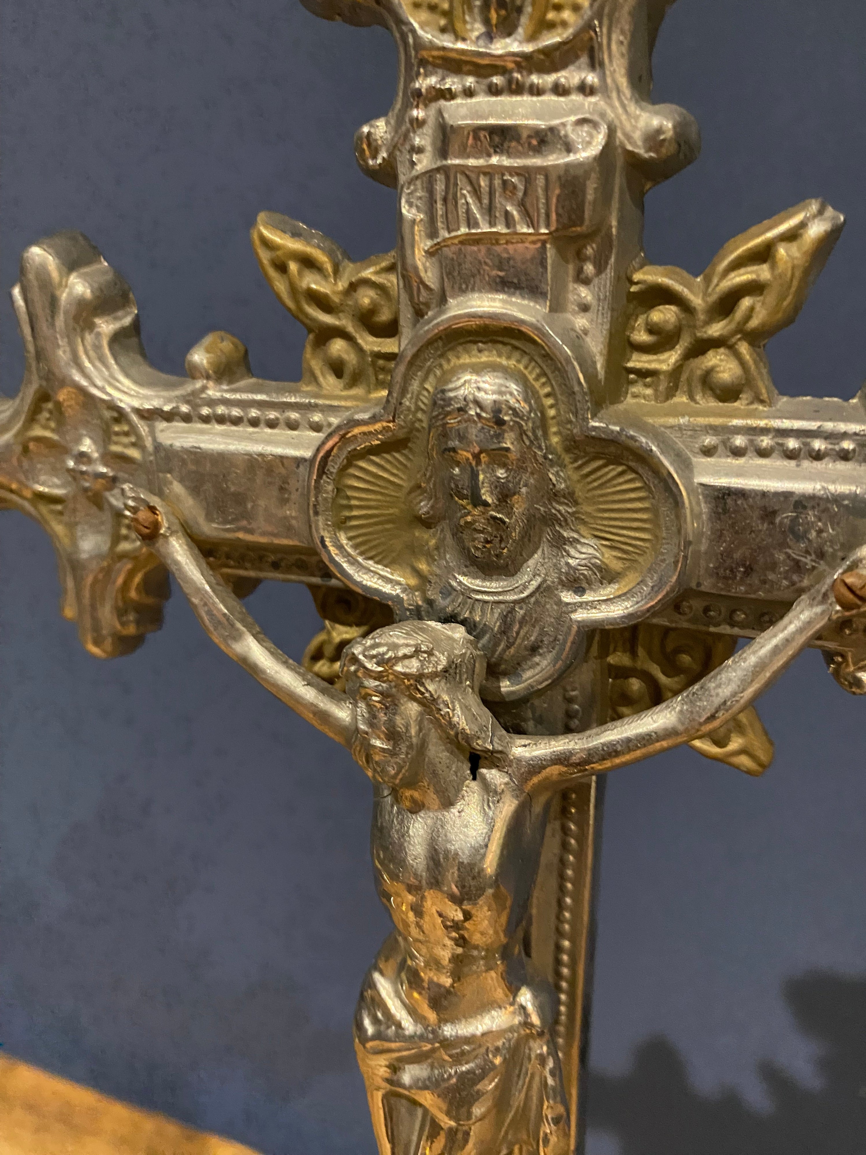 Vintage Mid Century French White Metal  Altar Crucifix 44 Cms High