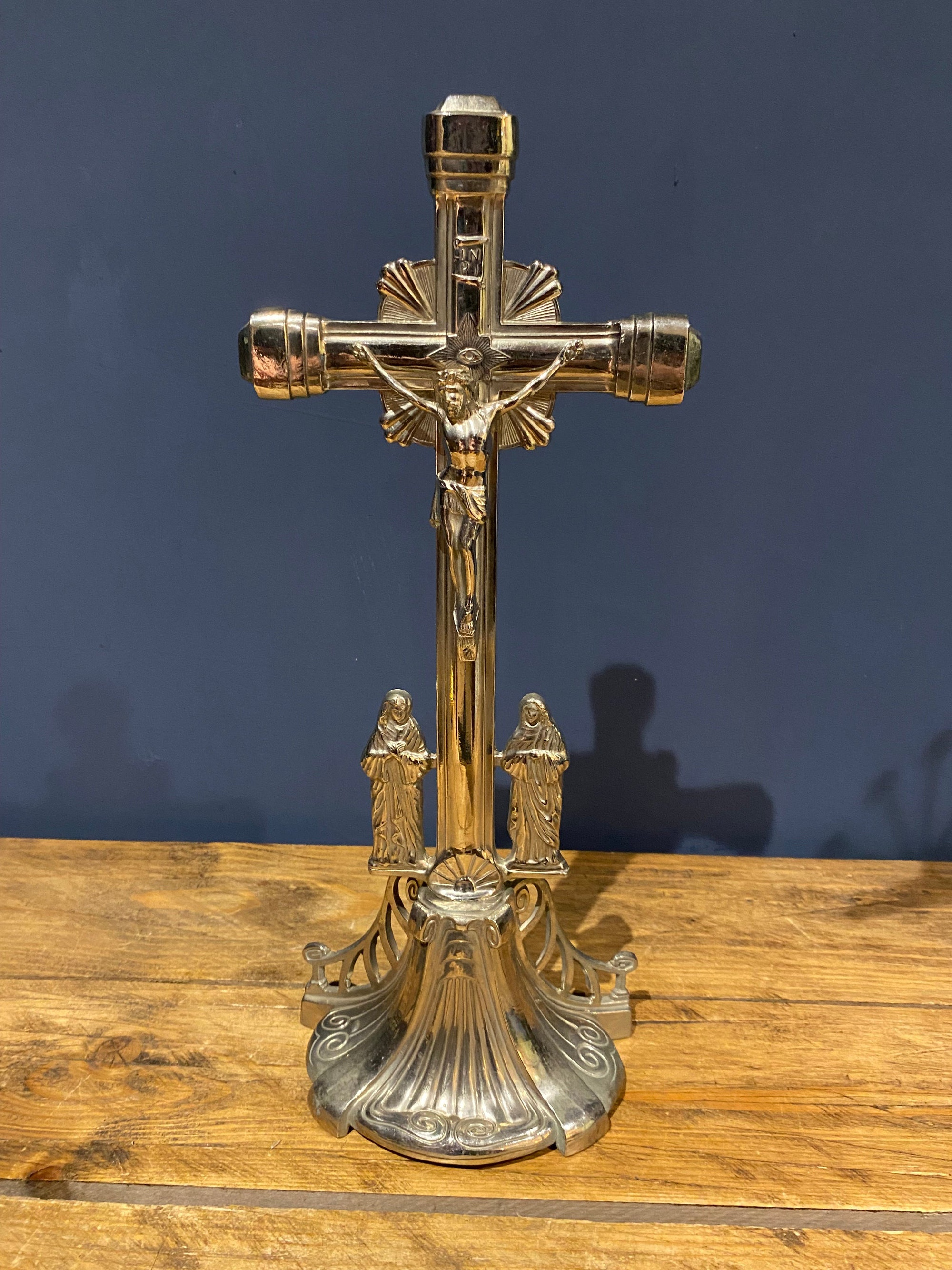 Vintage Mid Century French White Metal /chrome Altar Crucifix 40 Cms High