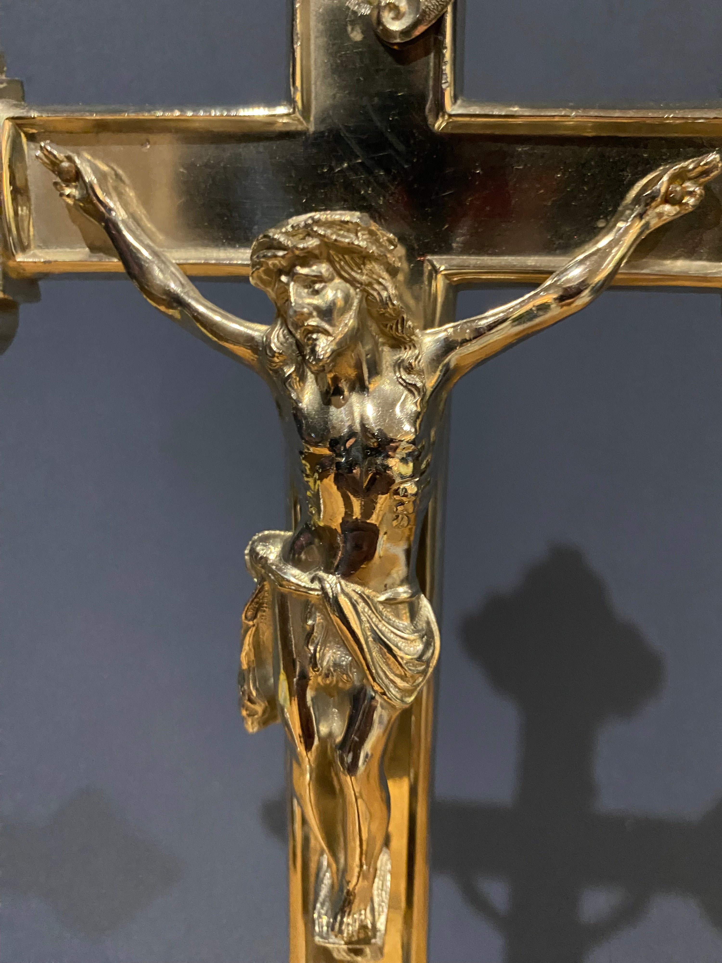 Vintage Mid Century French White Metal /chrome Altar Crucifix 43 Cms High