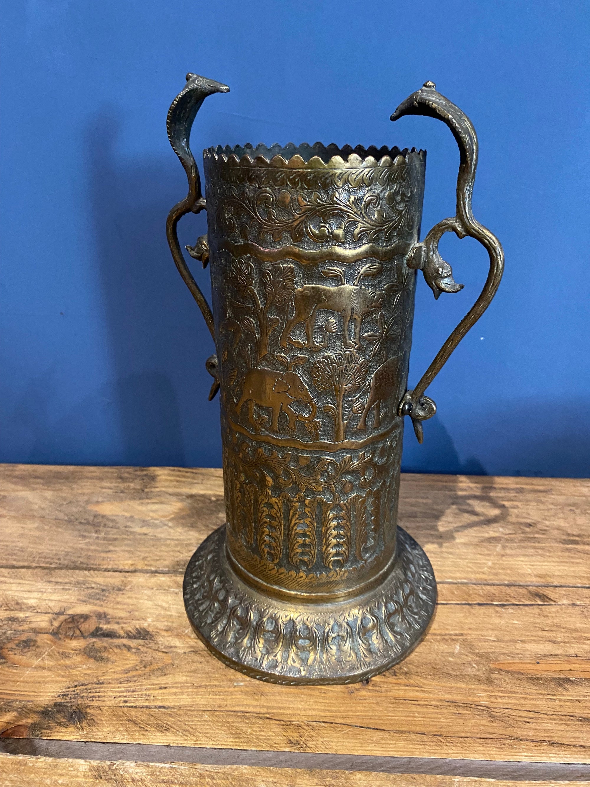 Vintage Indian Brass Vase With Cobra Handles
