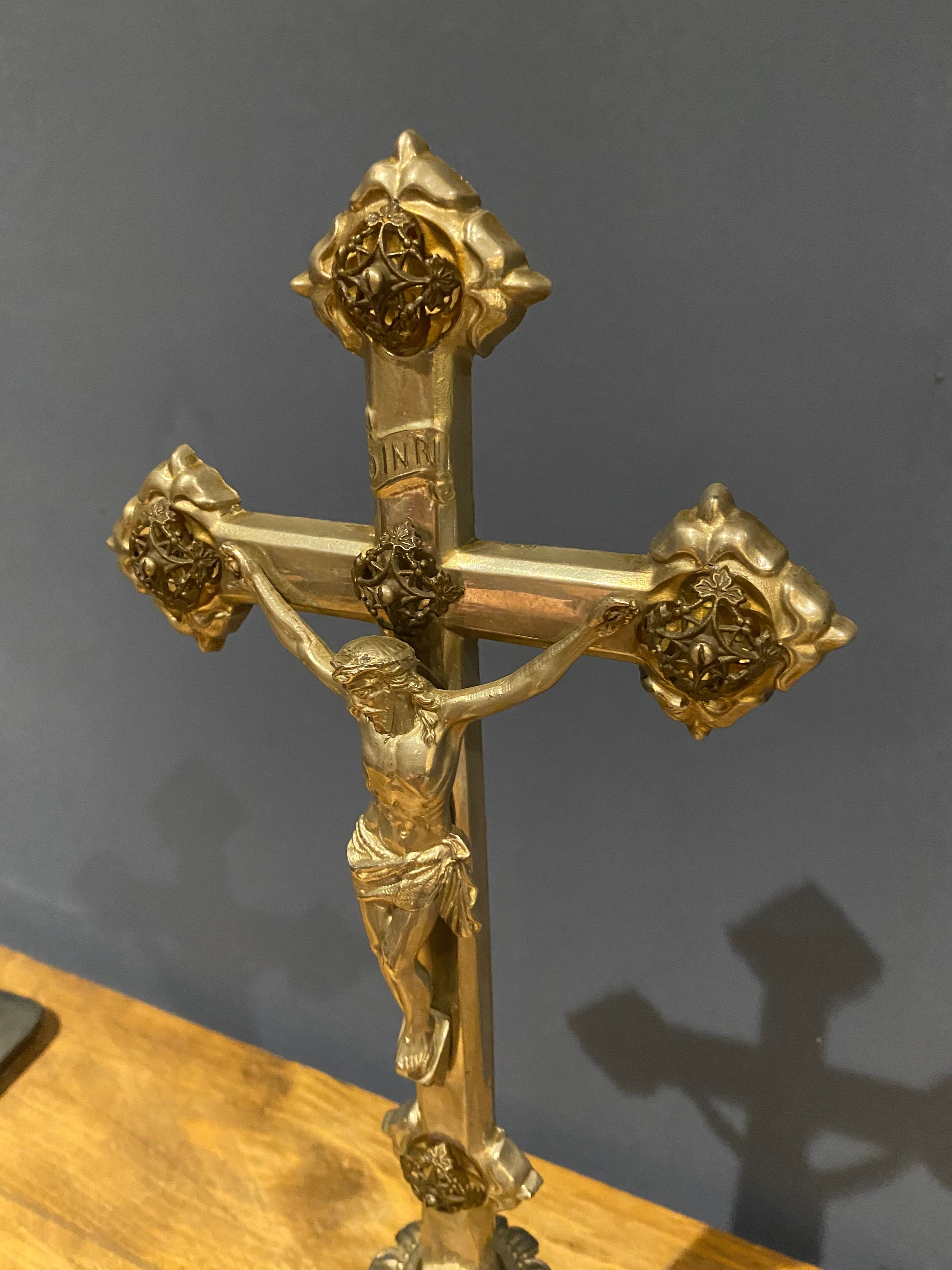 Vintage Mid Century French White Metal  Altar Crucifix 44.5 Cms High