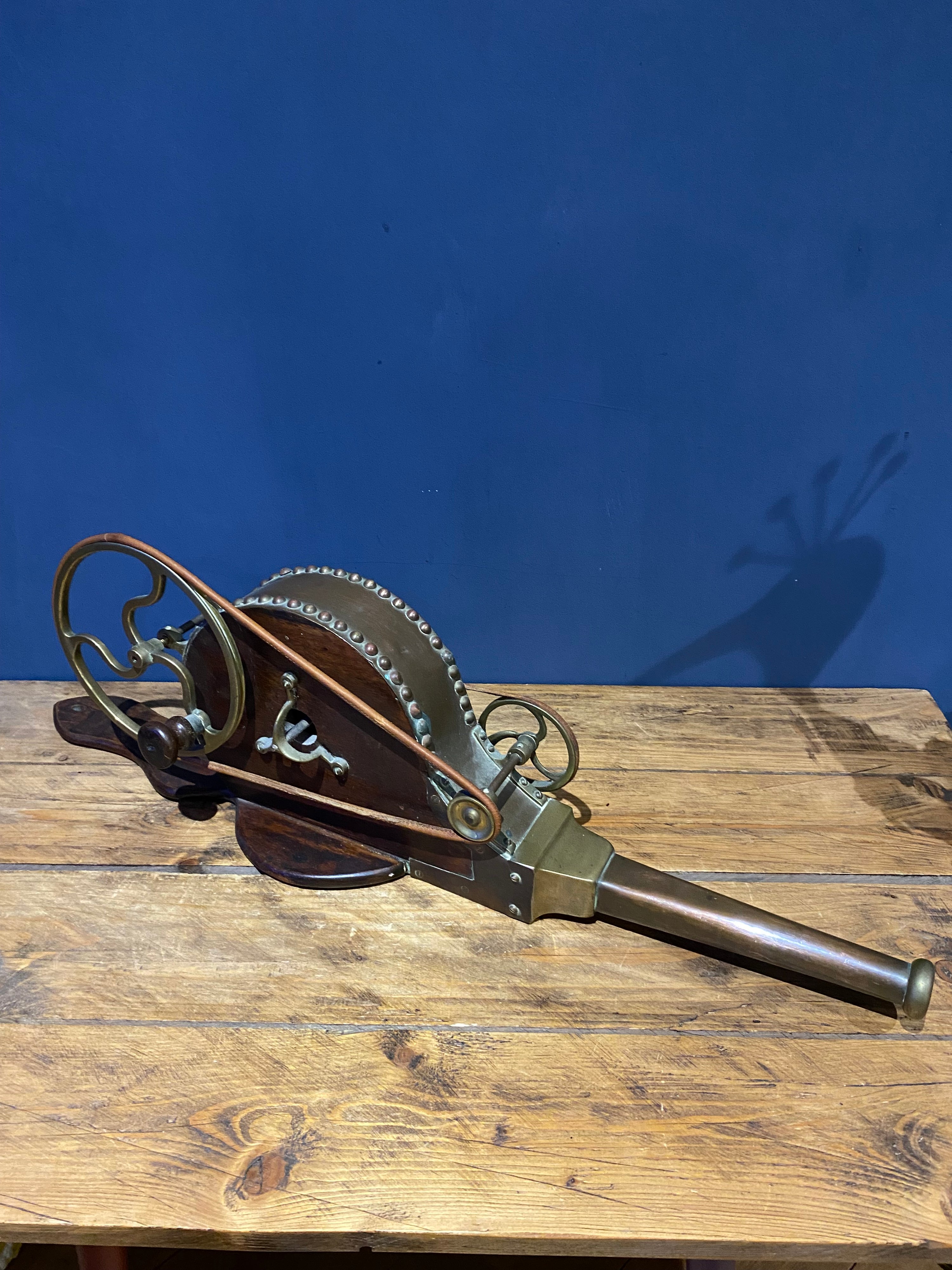 Early Mechanical Fire Bellows ,Copper, Brass, Wood , Irish Halfpenny In Handle .