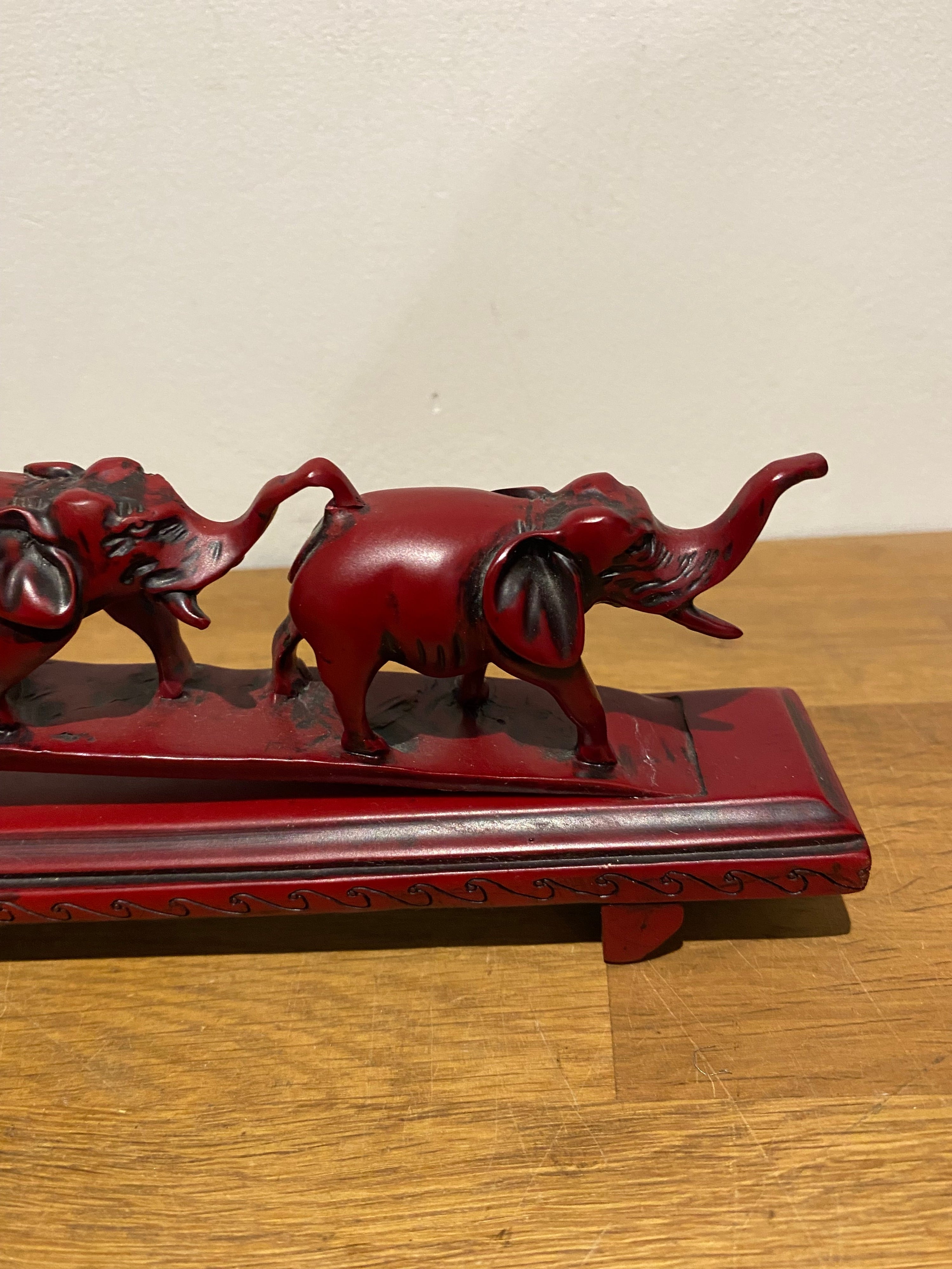 Parade Of Seven Lucky Elephant Resin Model Ornament, Made In China, Cinnabar Red