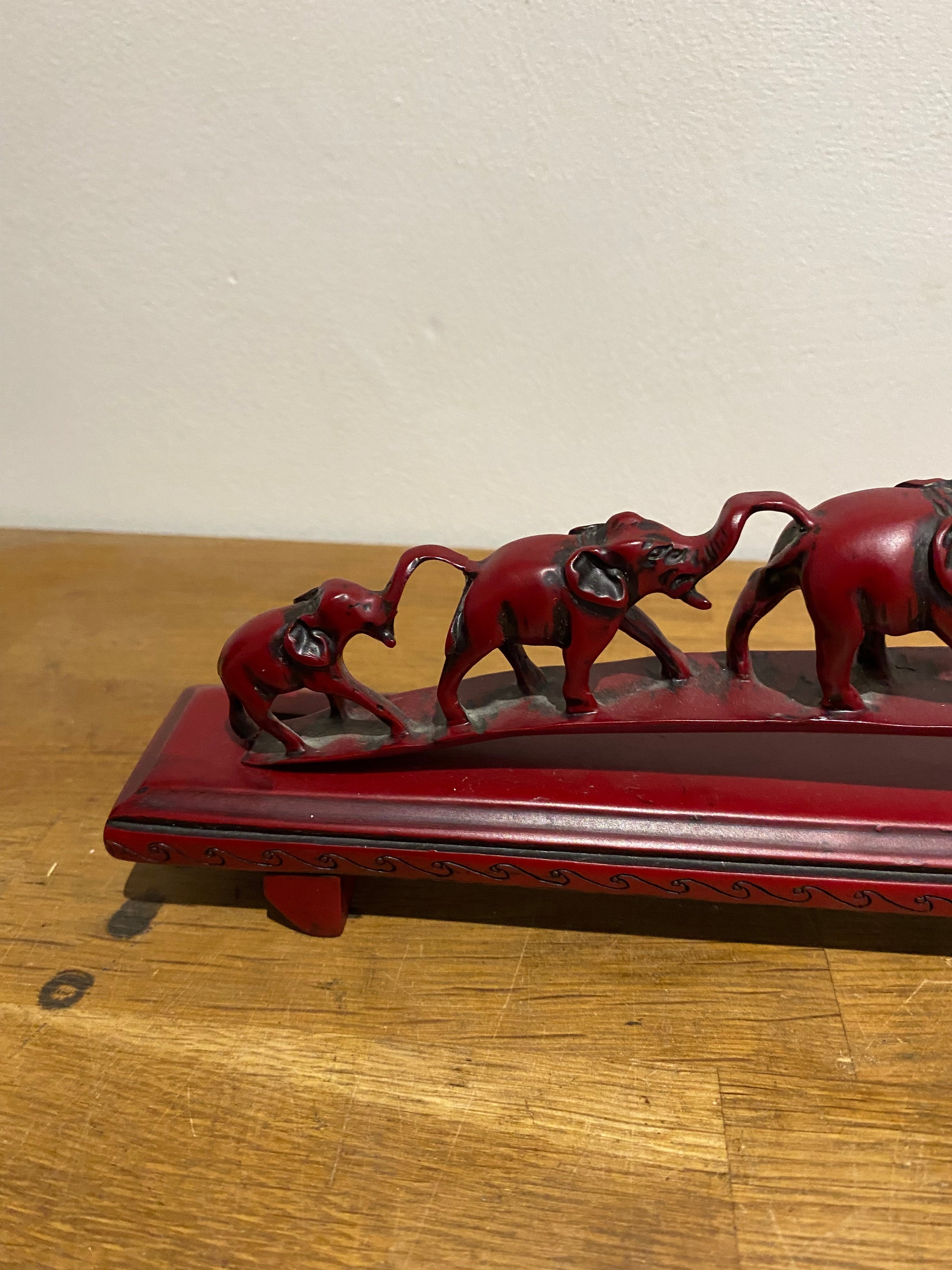 Parade Of Seven Lucky Elephant Resin Model Ornament, Made In China, Cinnabar Red