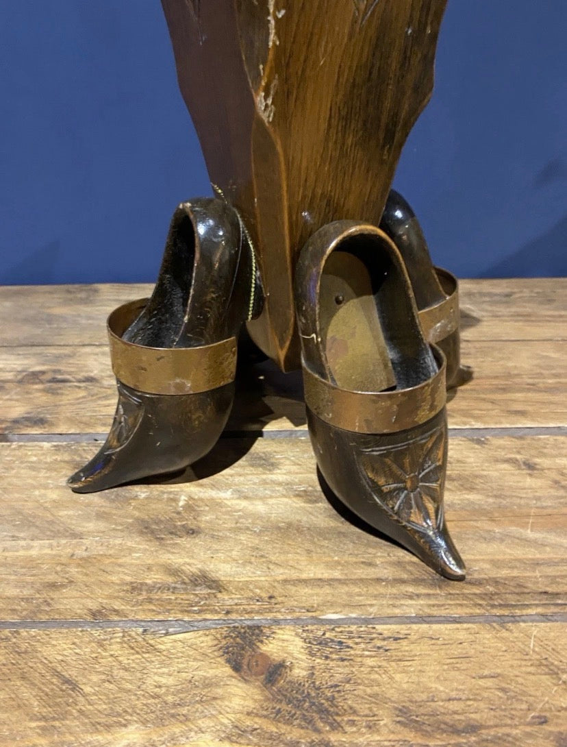 Unusual Vintage Carved Clog Vase, Wood And Copper