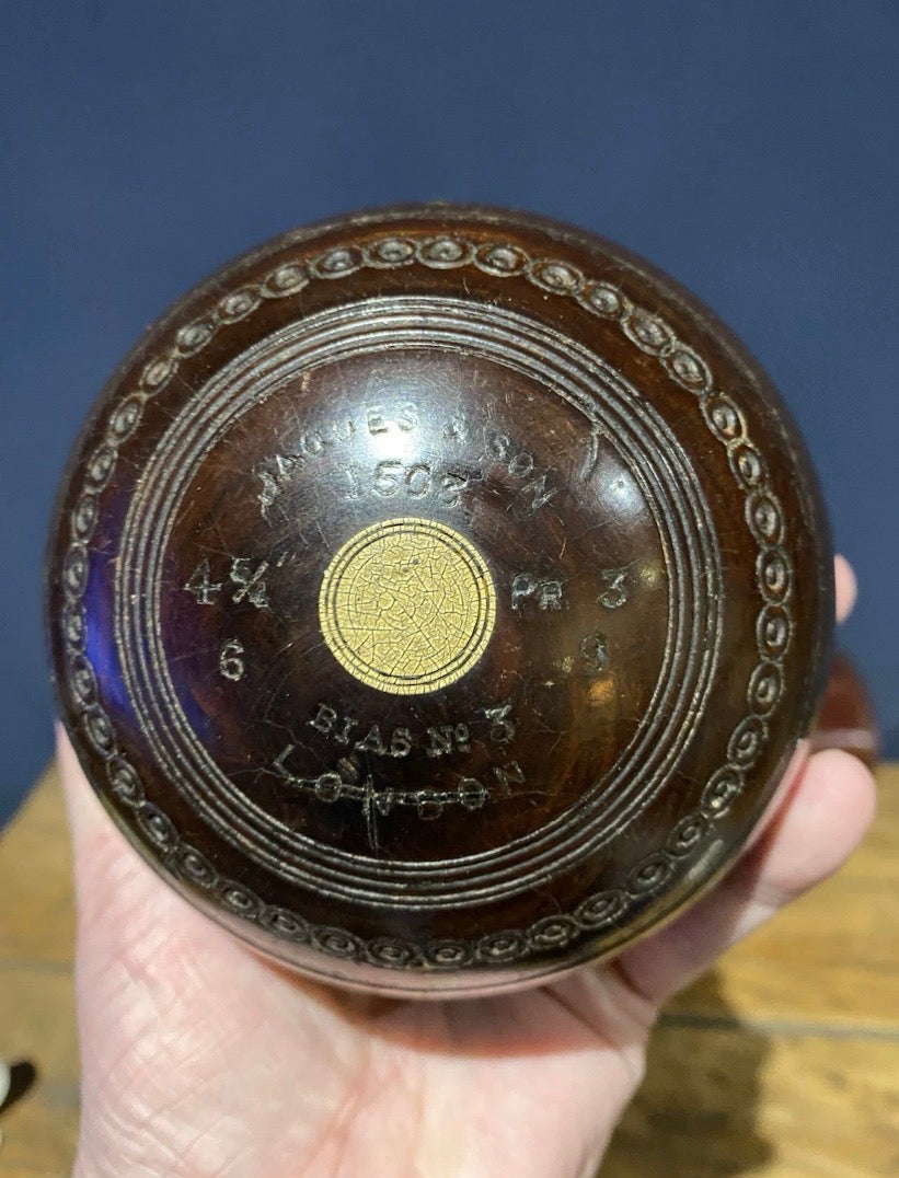 Pair Of Vintage Jaques Lawn Bowls Plus Bag , No3 Bias, 4 3/4”, 1503