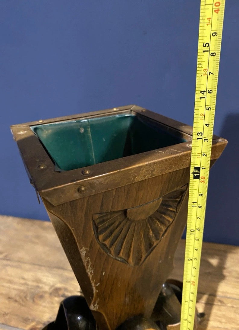 Unusual Vintage Carved Clog Vase, Wood And Copper