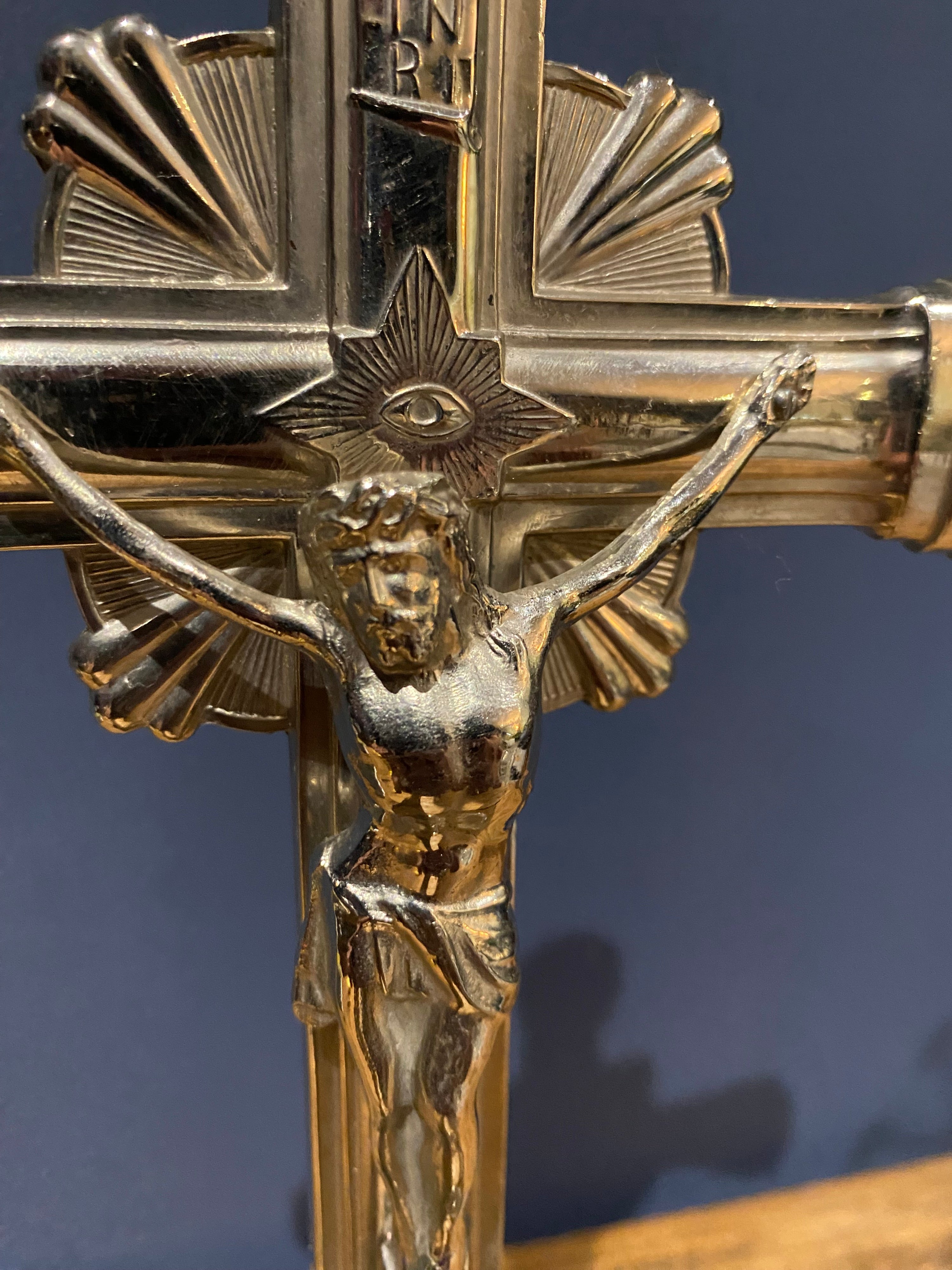 Vintage Mid Century French White Metal /chrome Altar Crucifix 40 Cms High