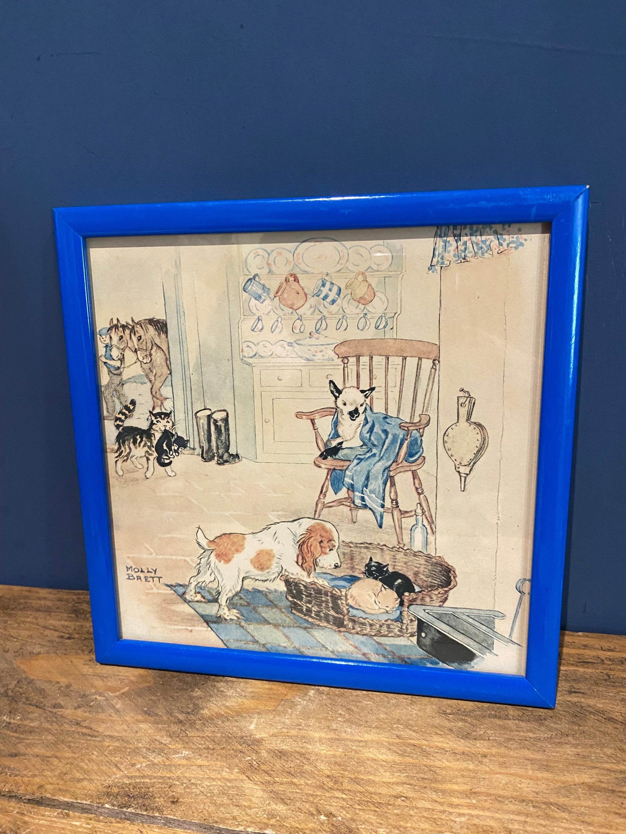 Vintage Molly Brett Nursery Print Framed Dog Cat Animal Illustration  Decor