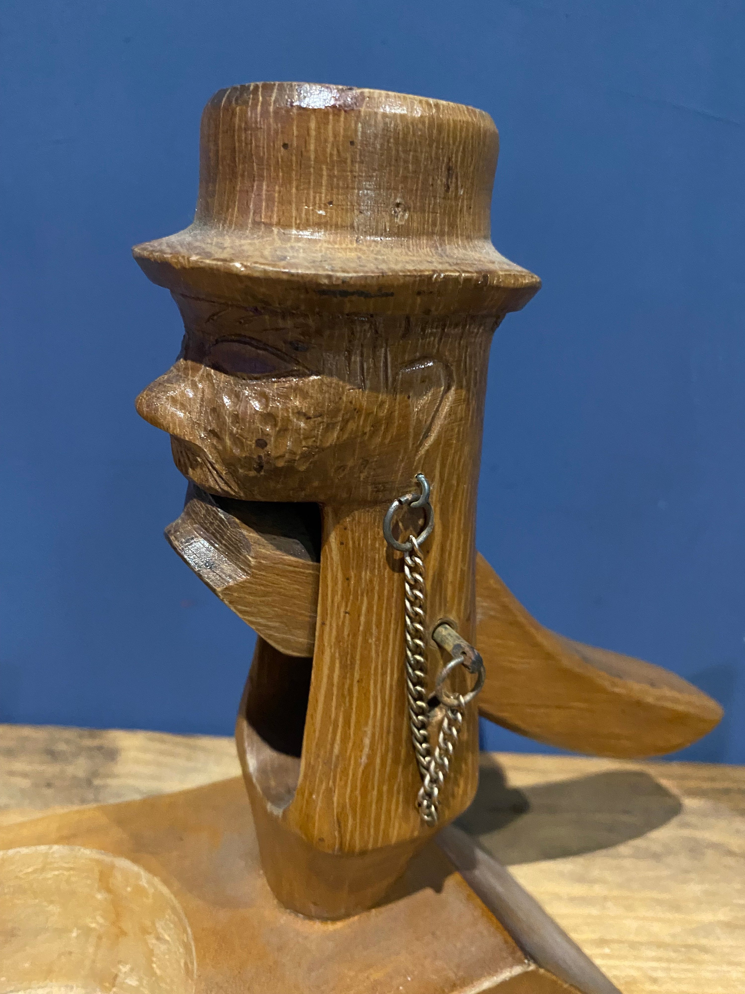 Large Vintage Wood Carved Nut Cracker , Man In Top Hat. With Shell Tray