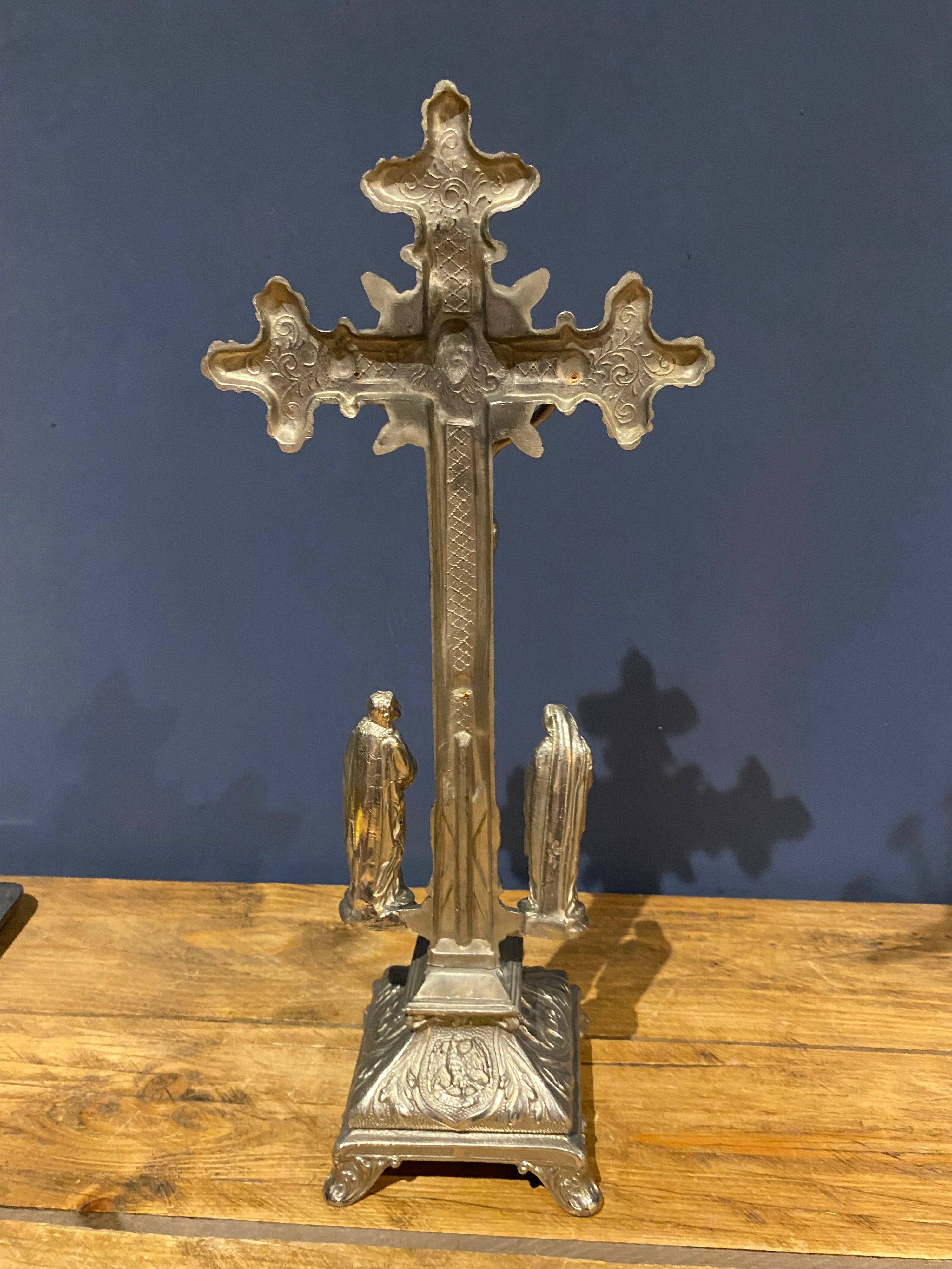 Vintage Mid Century French White Metal  Altar Crucifix 44 Cms High
