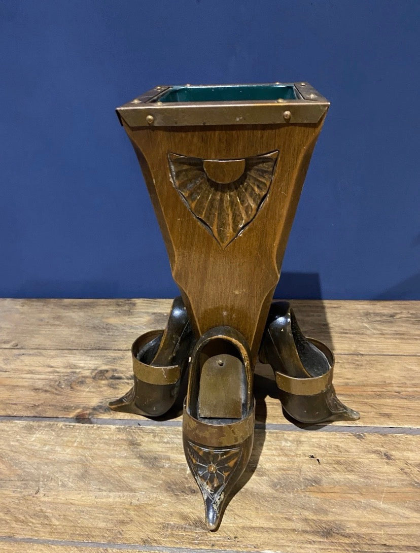 Unusual Vintage Carved Clog Vase, Wood And Copper