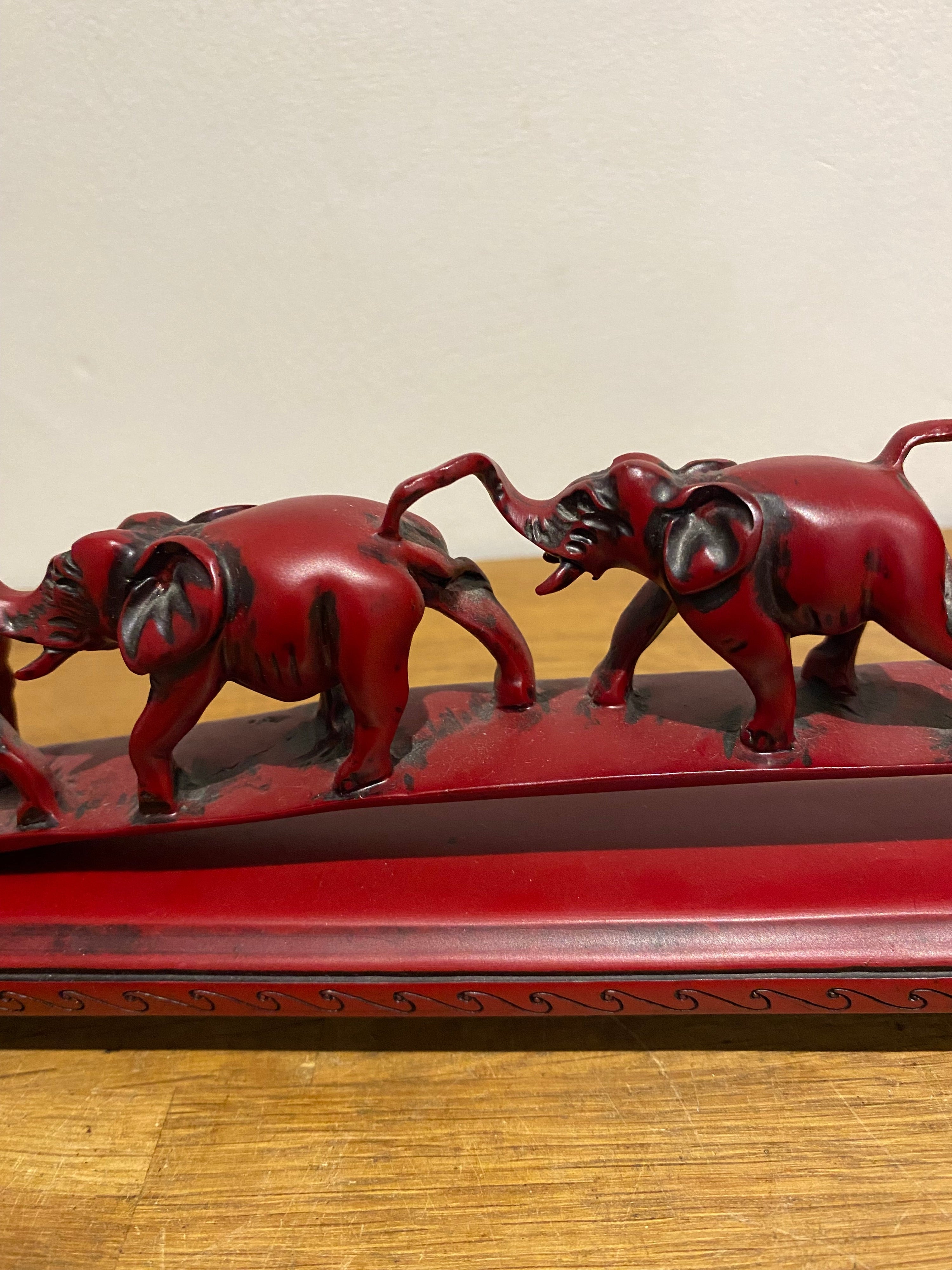 Parade Of Seven Lucky Elephant Resin Model Ornament, Made In China, Cinnabar Red