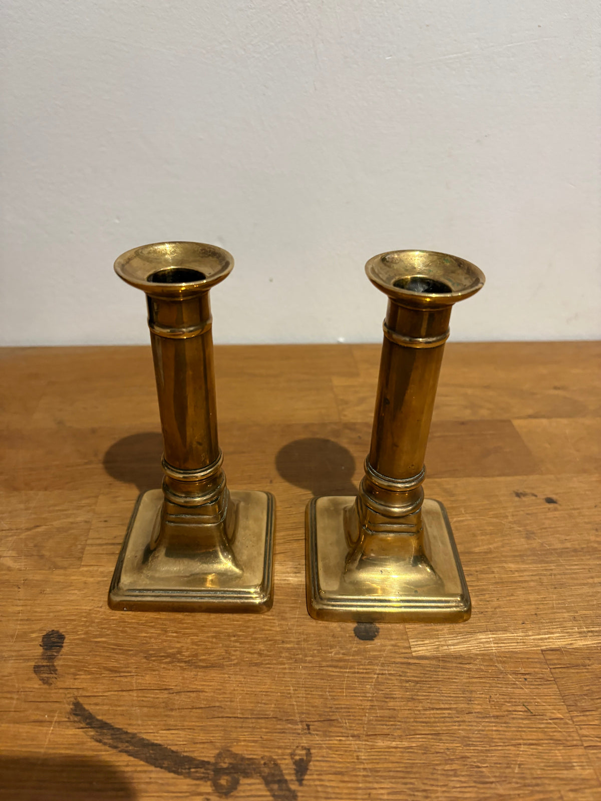 Pair Of Small Vintage Brass Column Candlesticks