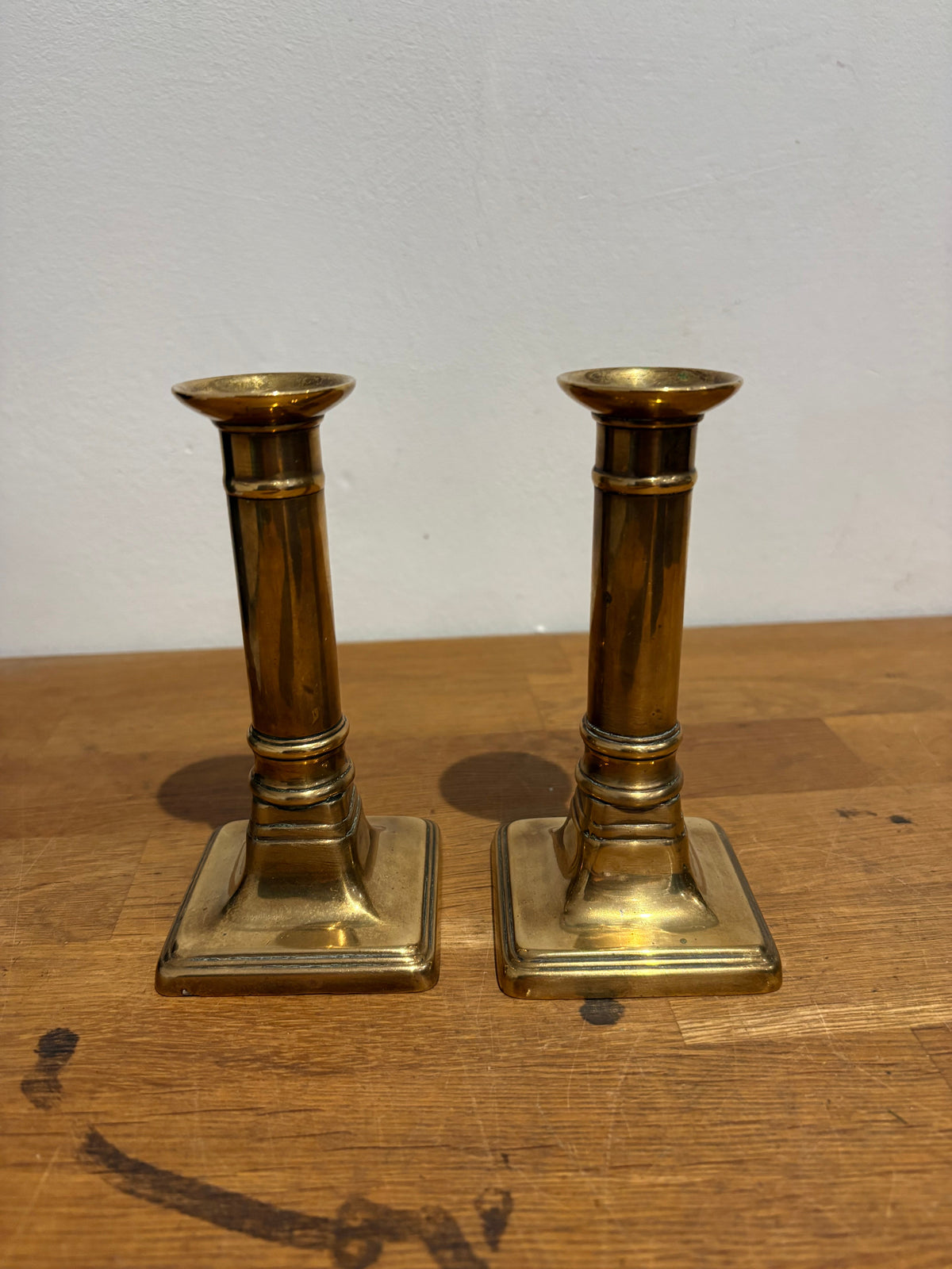 Pair Of Small Vintage Brass Column Candlesticks