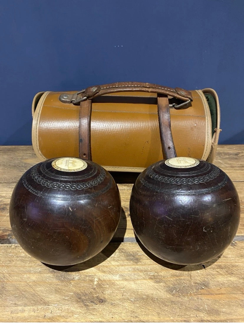 Pair Of Vintage Lawn Bowls Plus Bag , No3 Bias, 4 7/8.