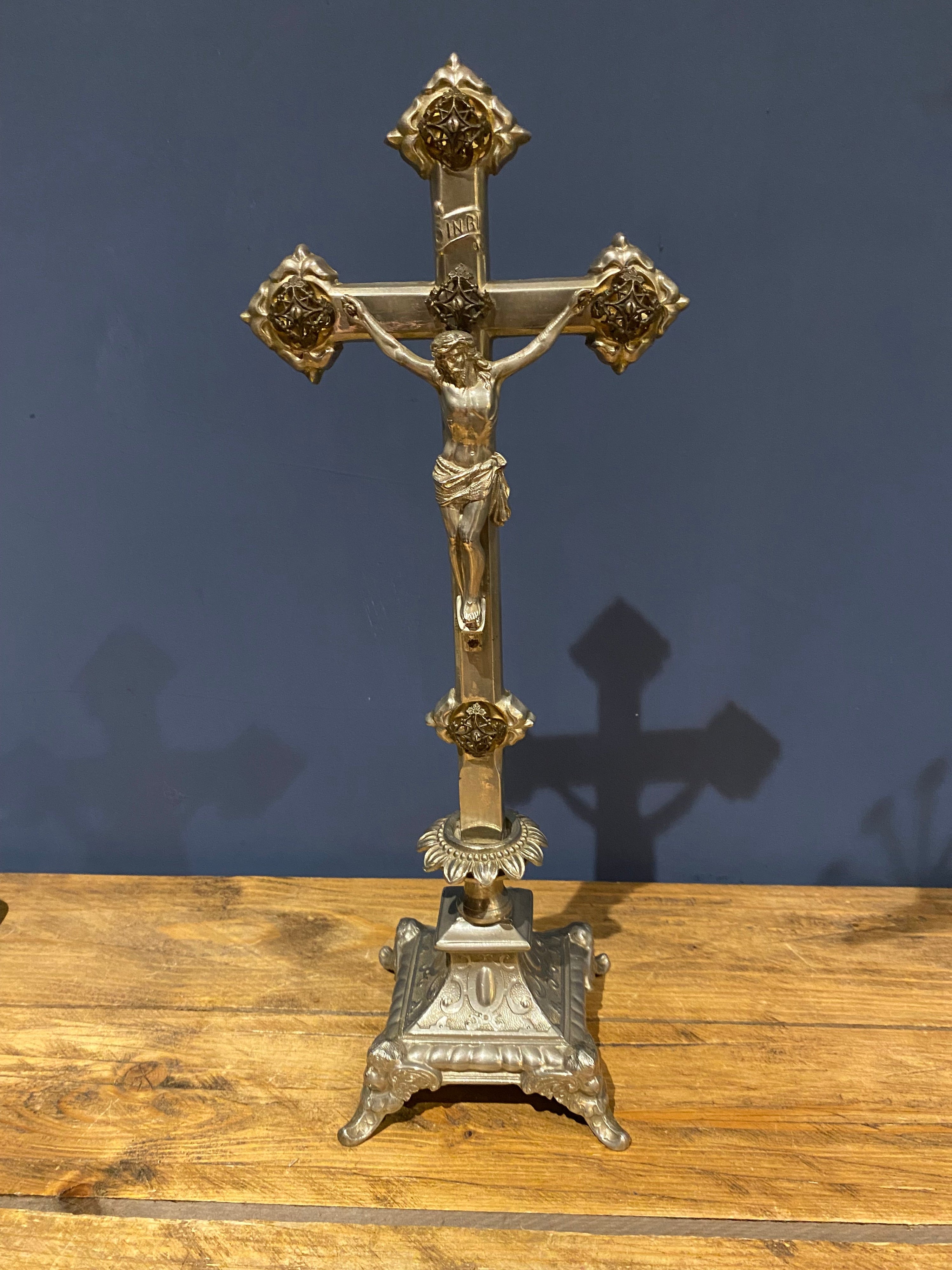 Vintage Mid Century French White Metal  Altar Crucifix 44.5 Cms High