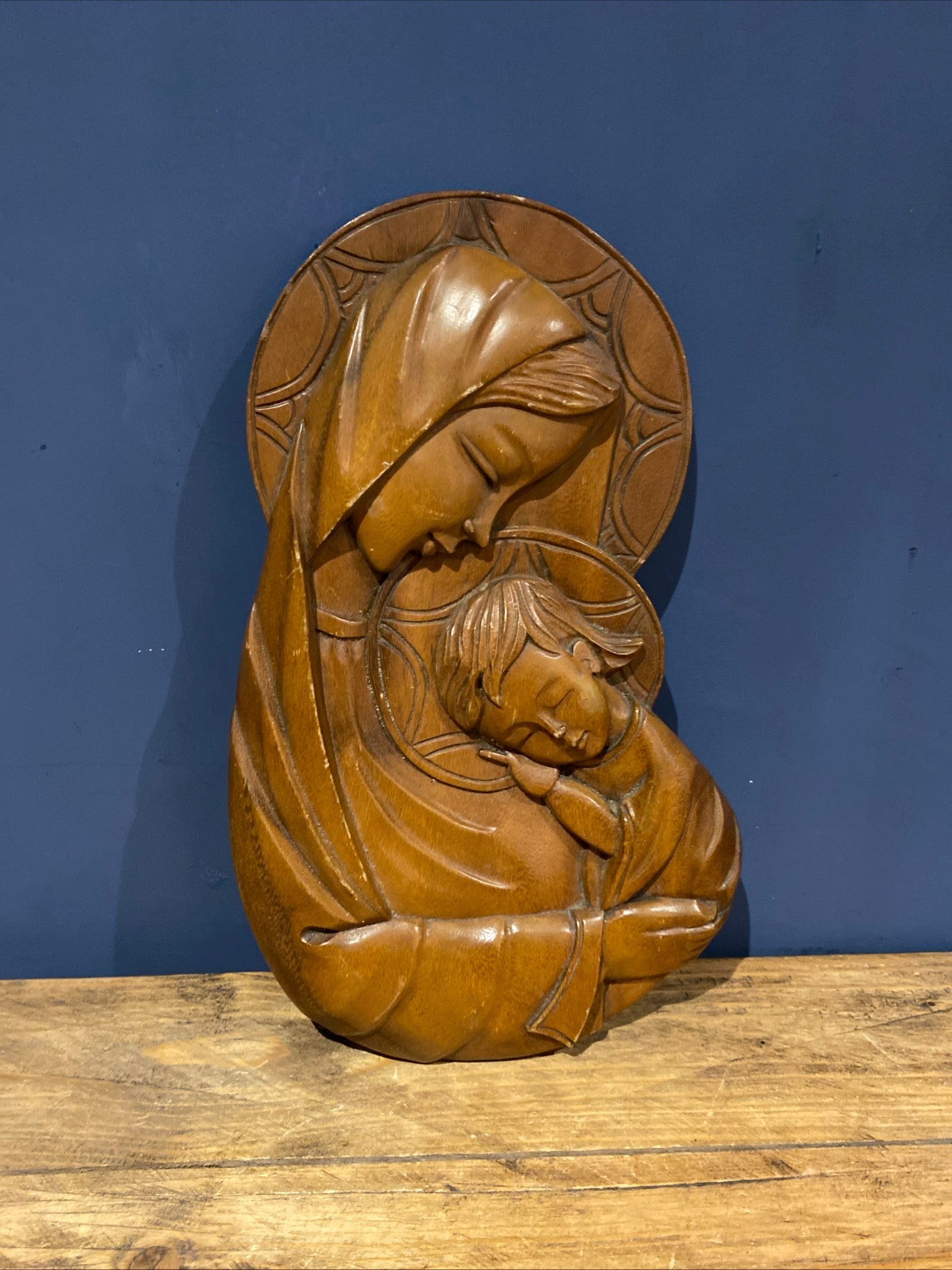 Vintage Olive Wood Madonna And Child / Mary And Jesus Carved Plaque