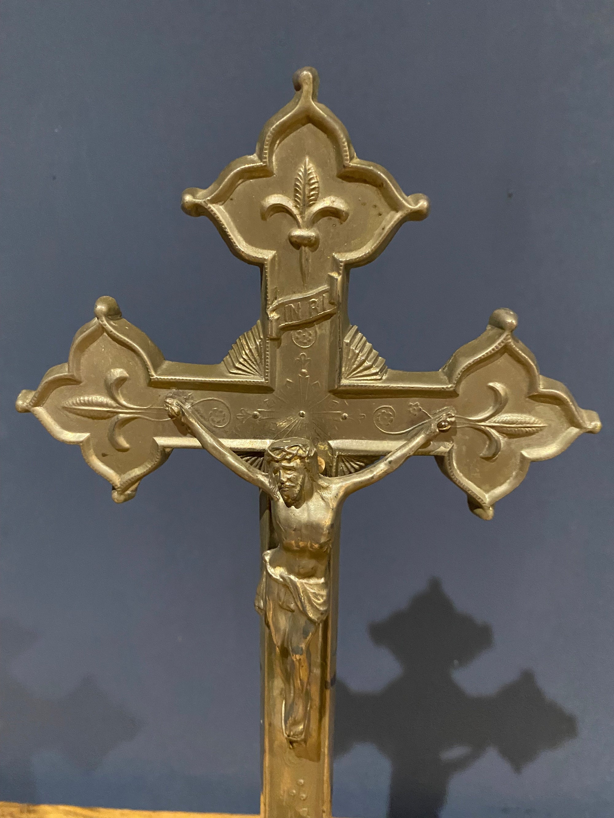 Vintage Mid Century French White Metal Altar Crucifix 41 Cms High