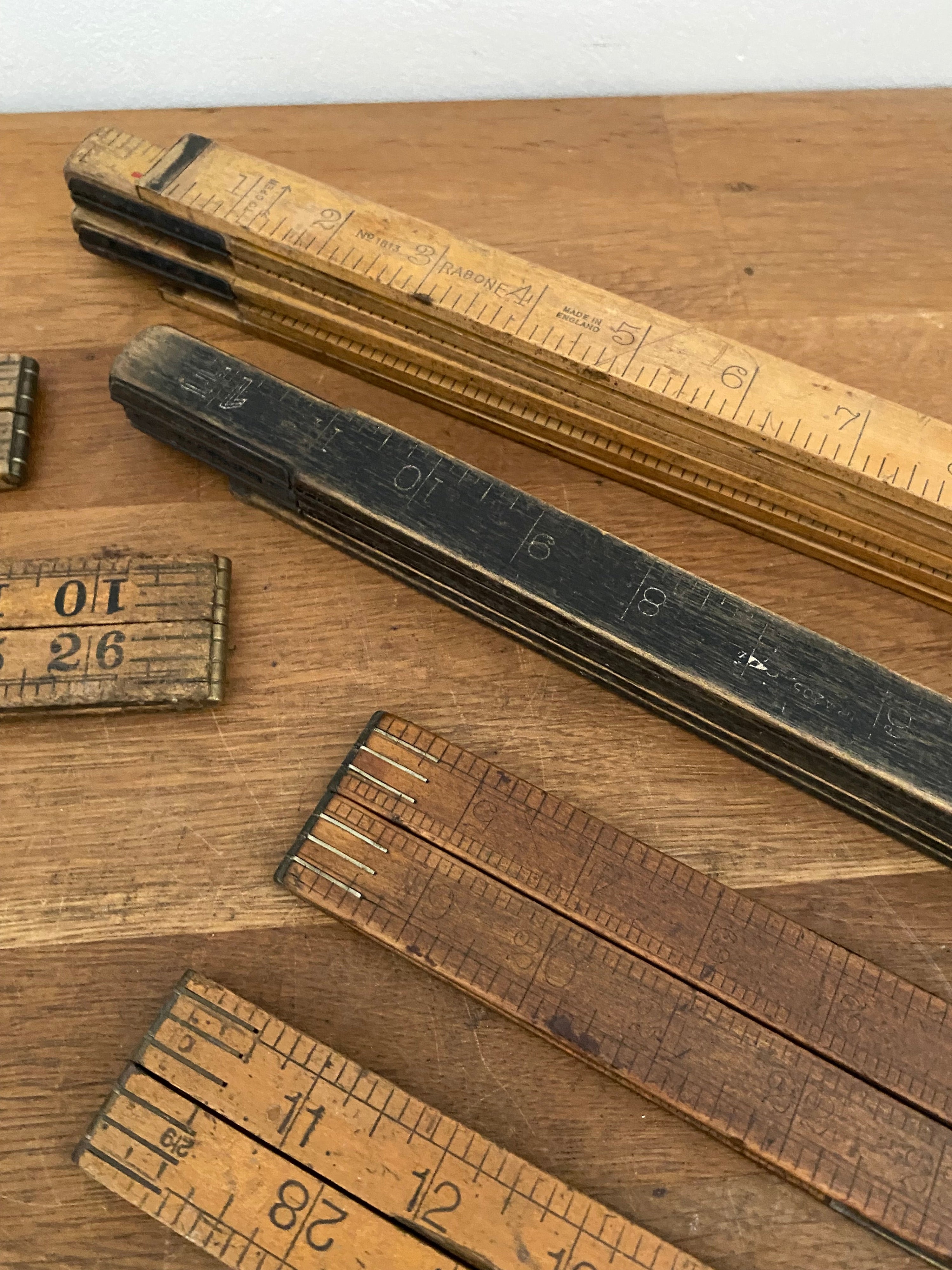 Joblot Of 15 Vintage Box Wood Folding Rulers , Mostly Rabone , Various Condition