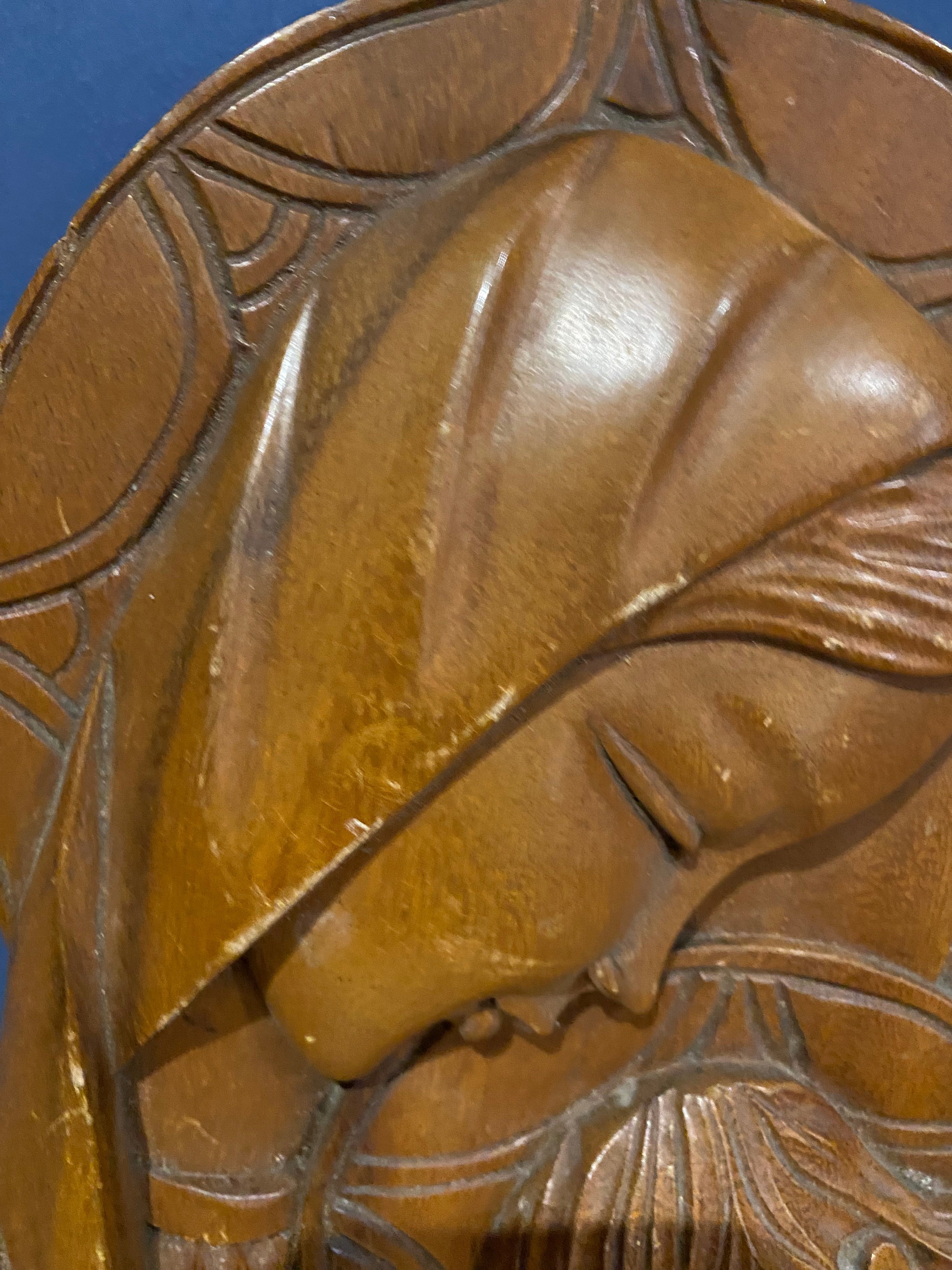 Vintage Olive Wood Madonna And Child / Mary And Jesus Carved Plaque