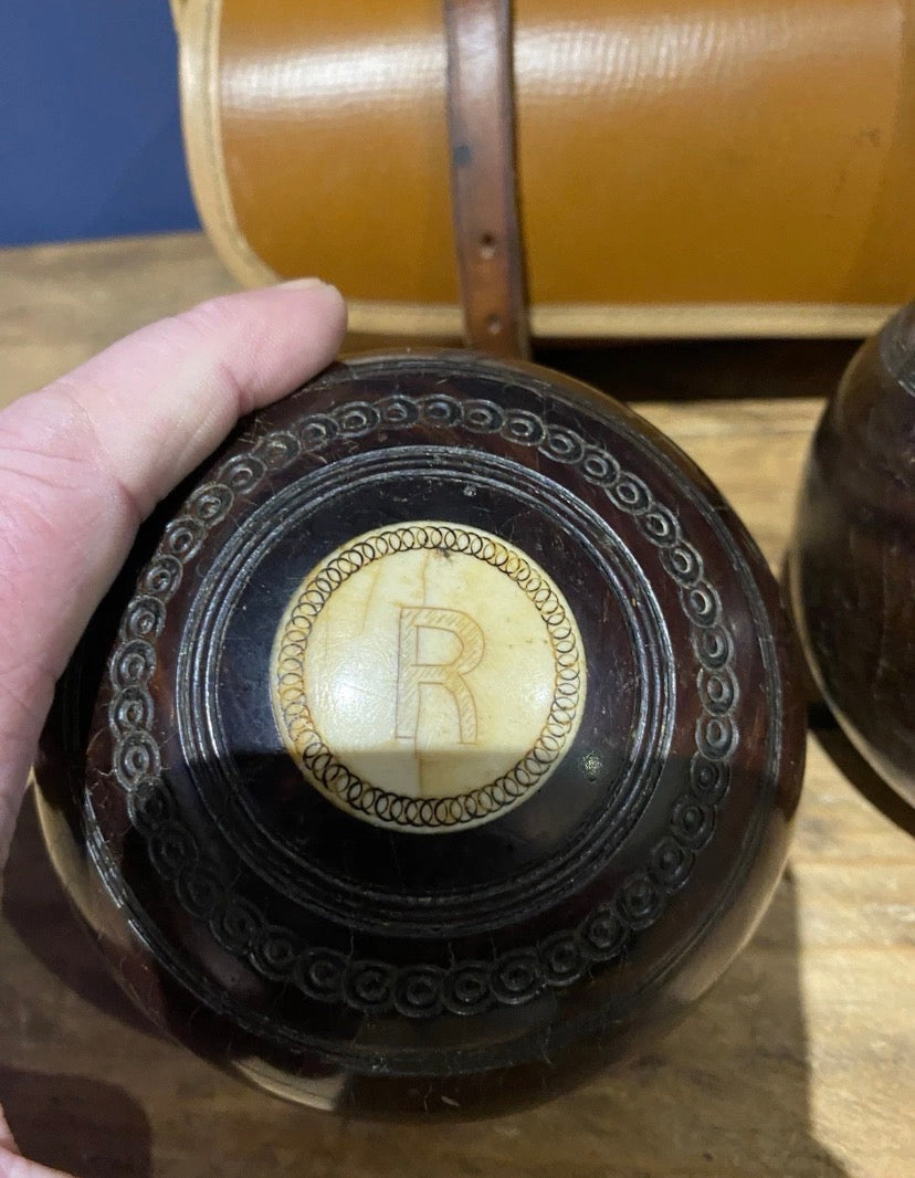 Pair Of Vintage Lawn Bowls Plus Bag , No3 Bias, 4 7/8.