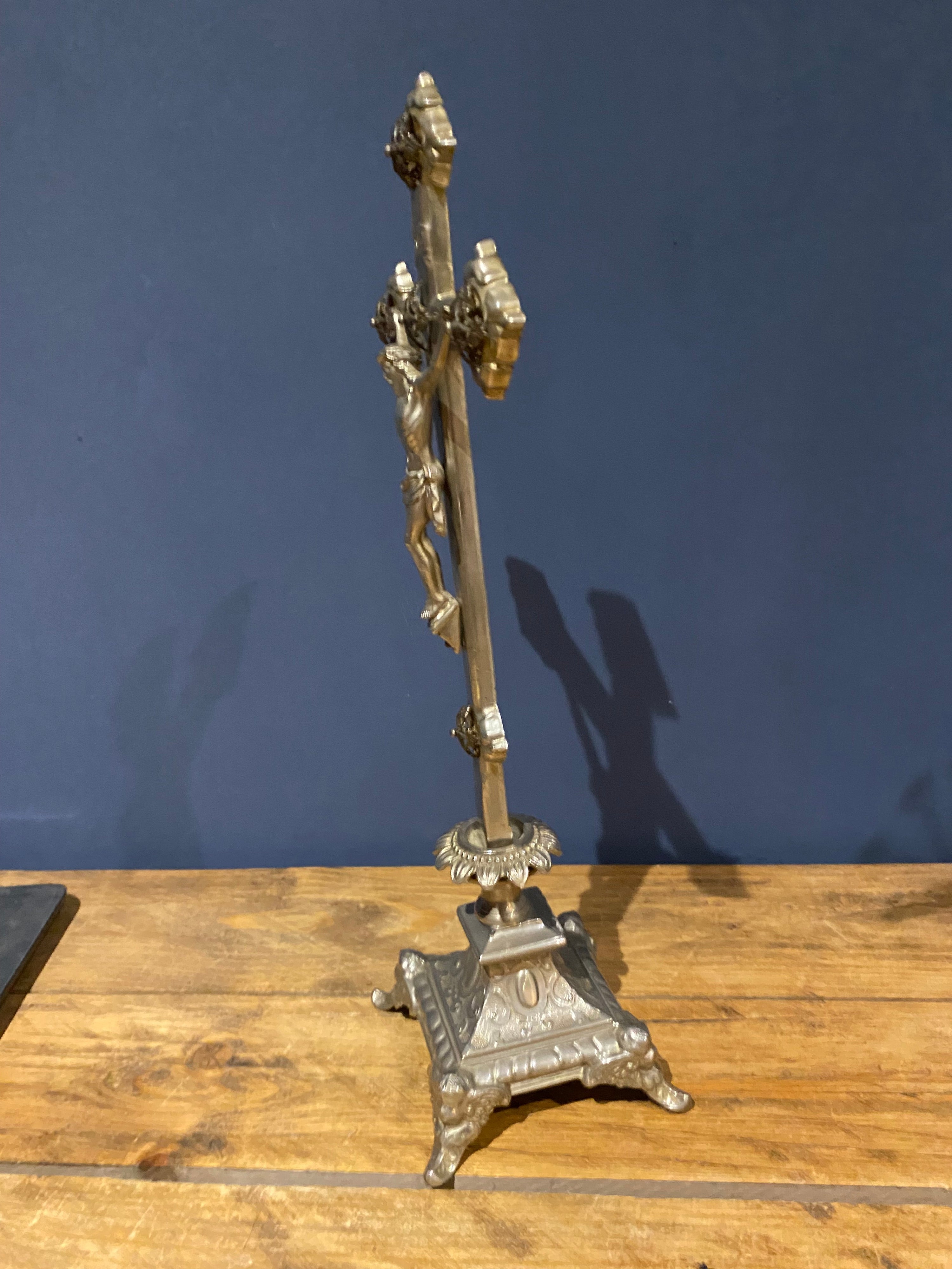 Vintage Mid Century French White Metal  Altar Crucifix 44.5 Cms High