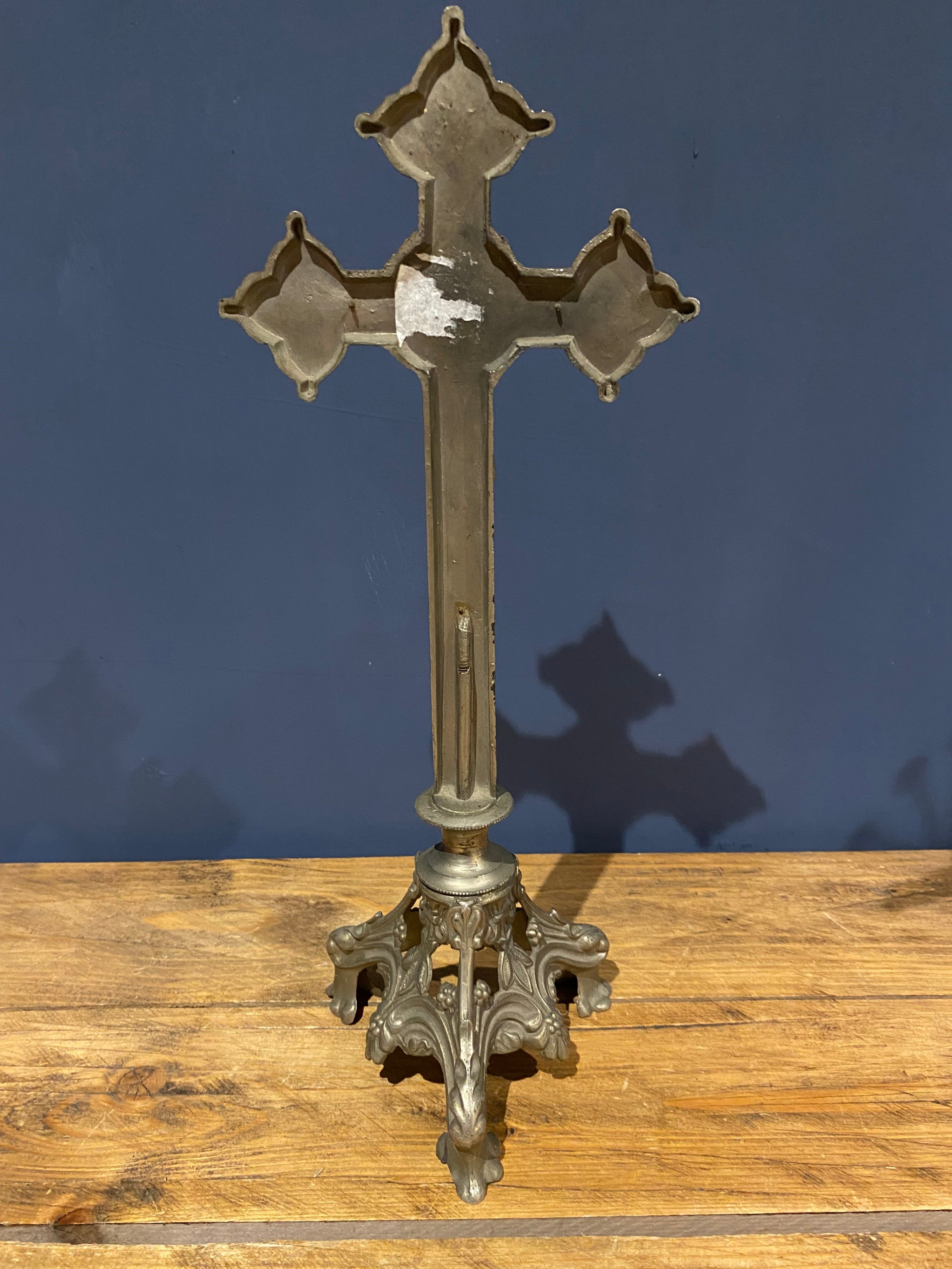 Vintage Mid Century French White Metal Altar Crucifix 41 Cms High