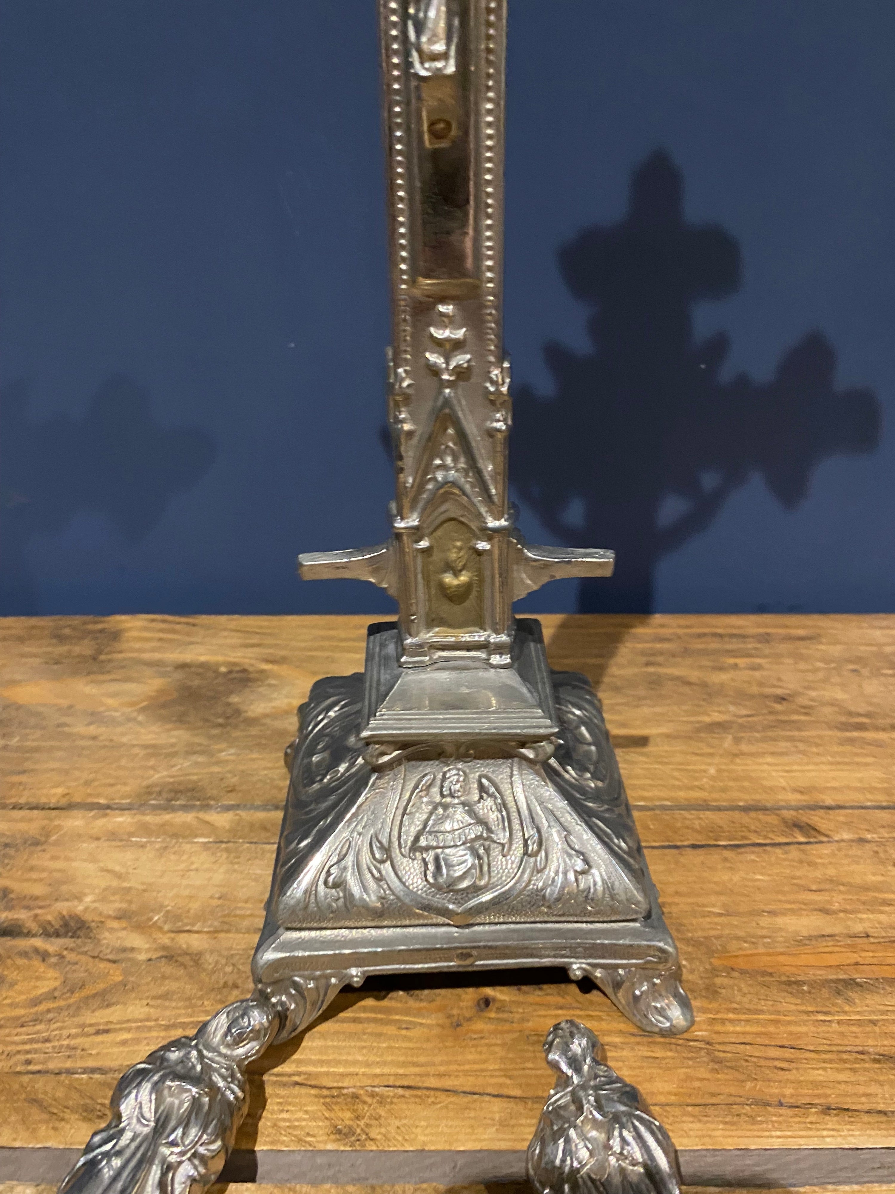 Vintage Mid Century French White Metal  Altar Crucifix 44 Cms High