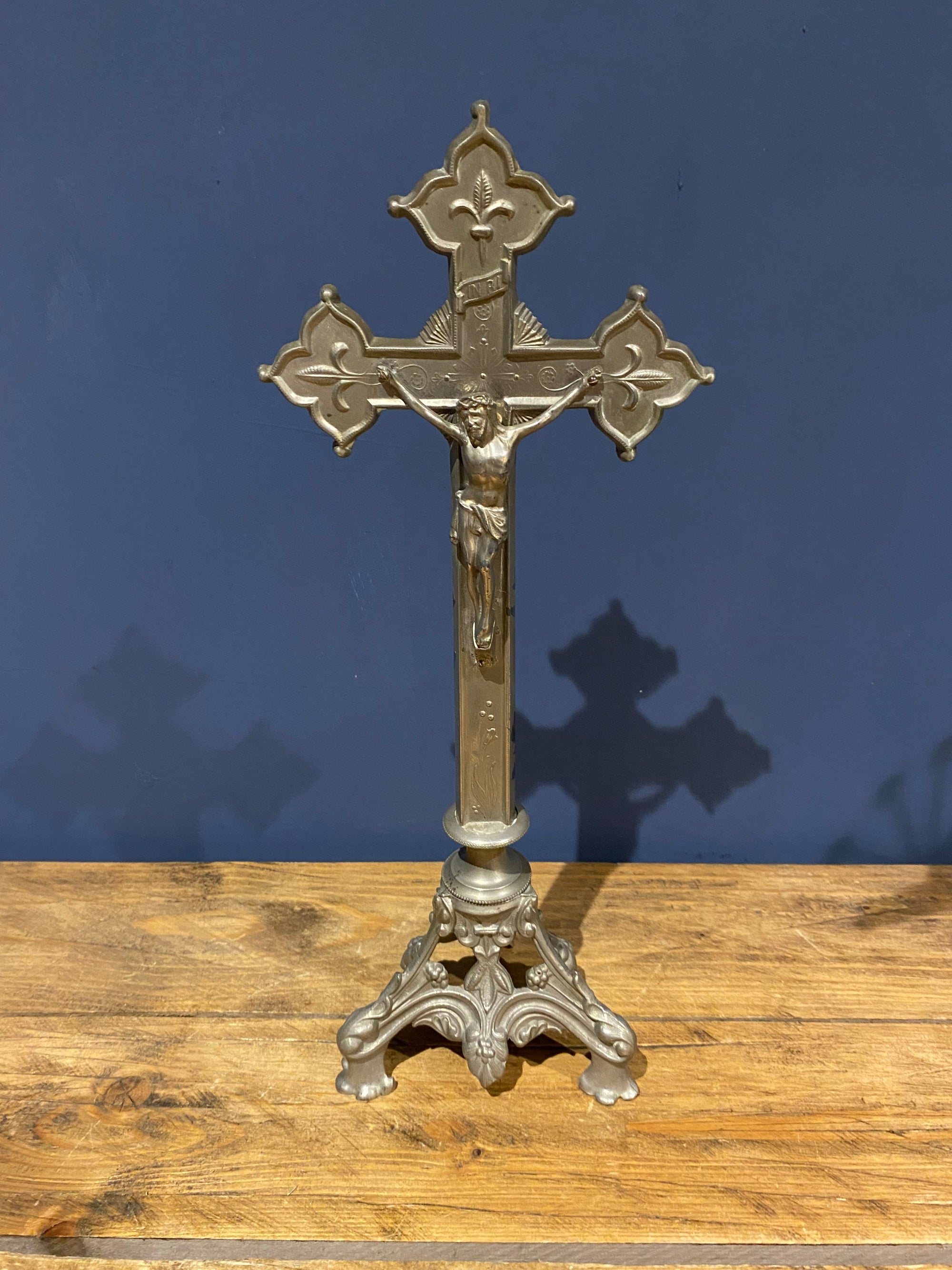 Vintage Mid Century French White Metal Altar Crucifix 41 Cms High