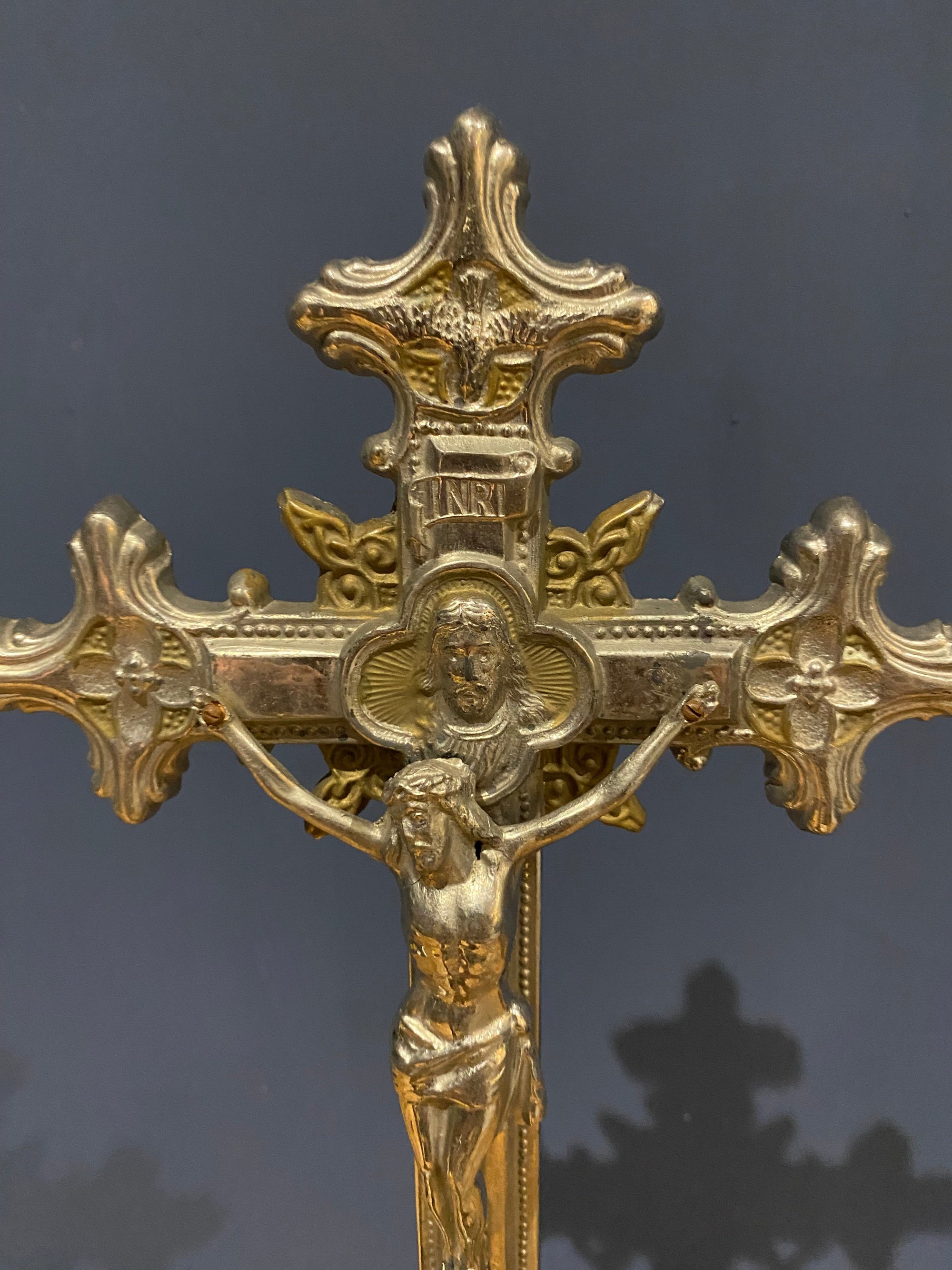 Vintage Mid Century French White Metal  Altar Crucifix 44 Cms High