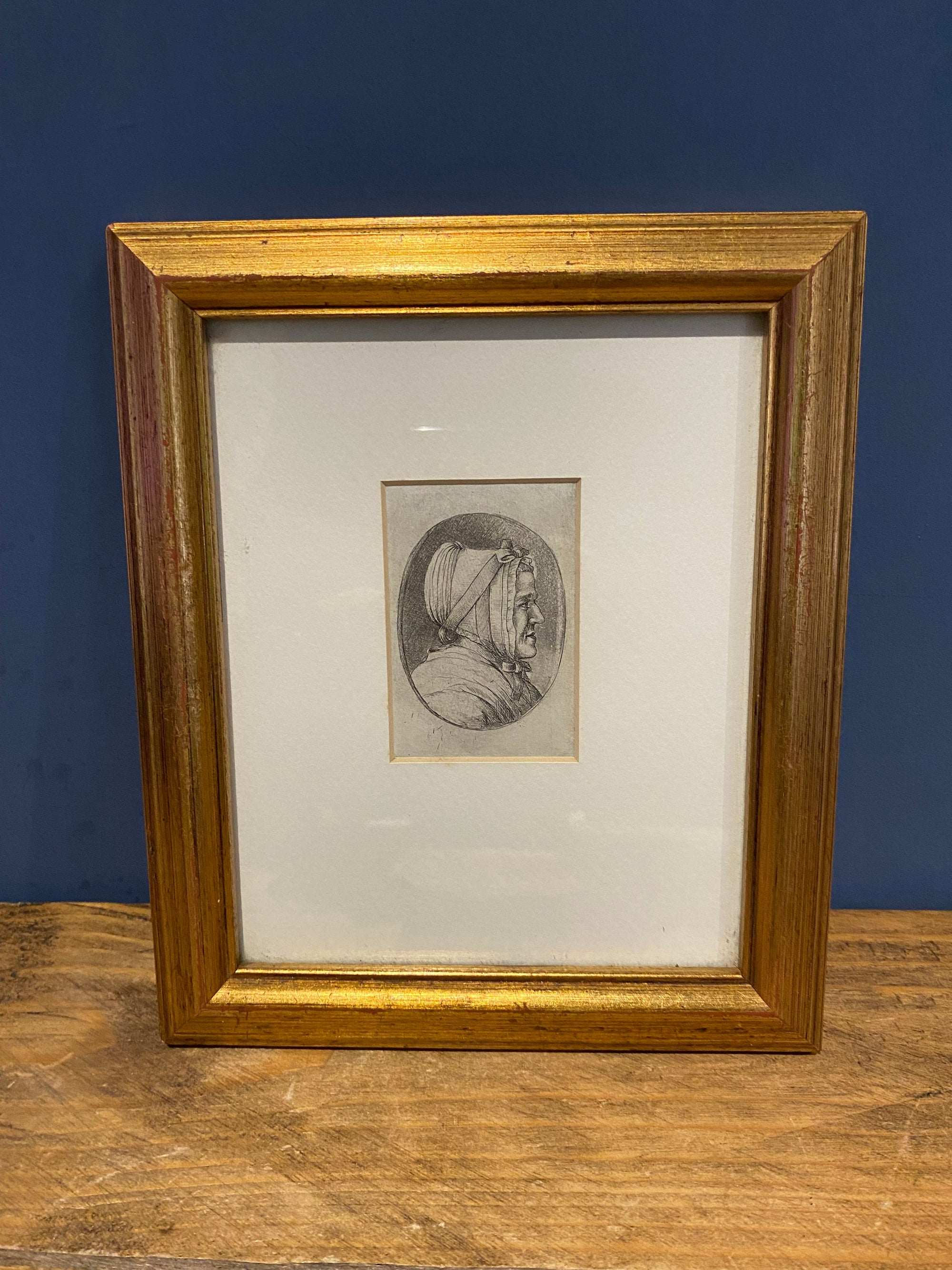 Antique Early Miniature Pencil Portrait Print Of Lady