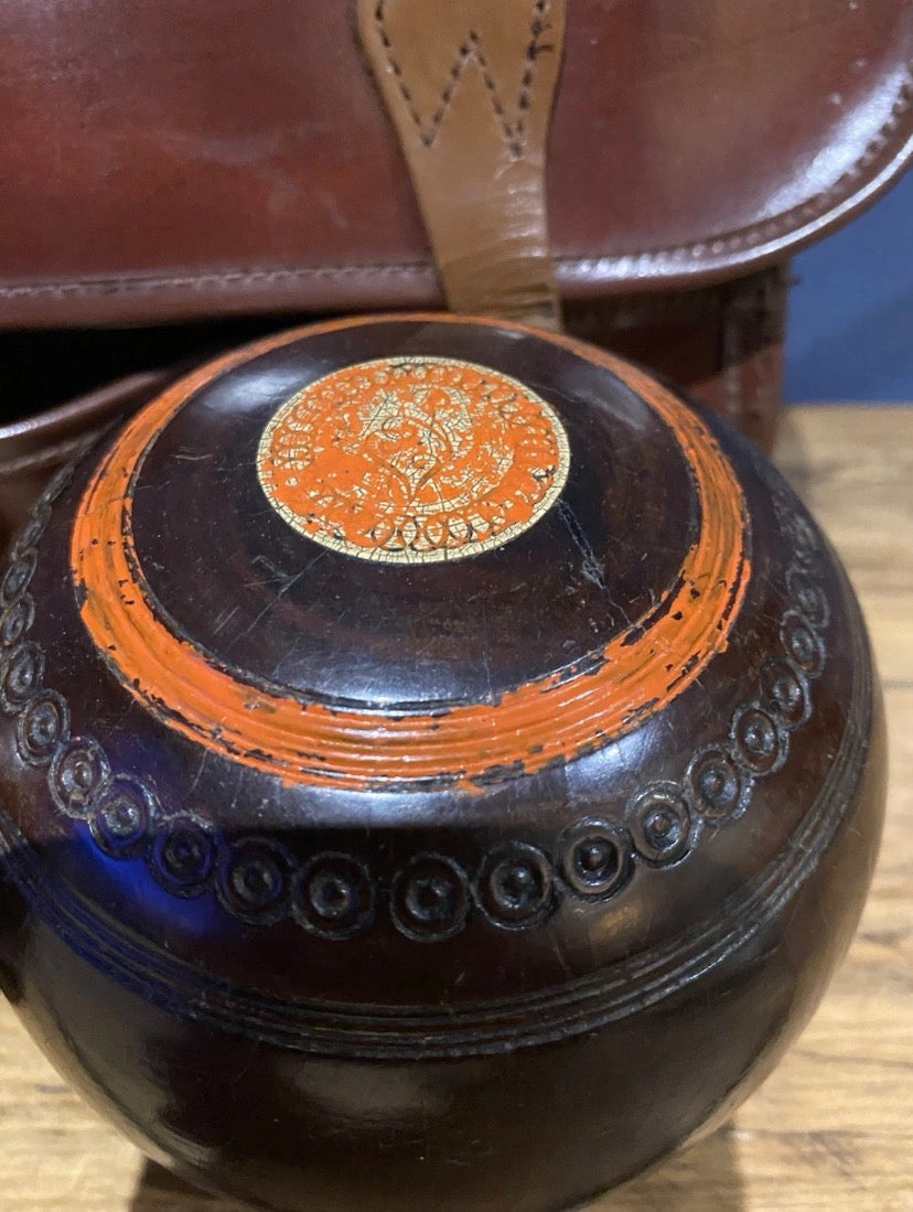 Pair Of Vintage Jaques Lawn Bowls Plus Bag , No3 Bias, 4 3/4”, 1503