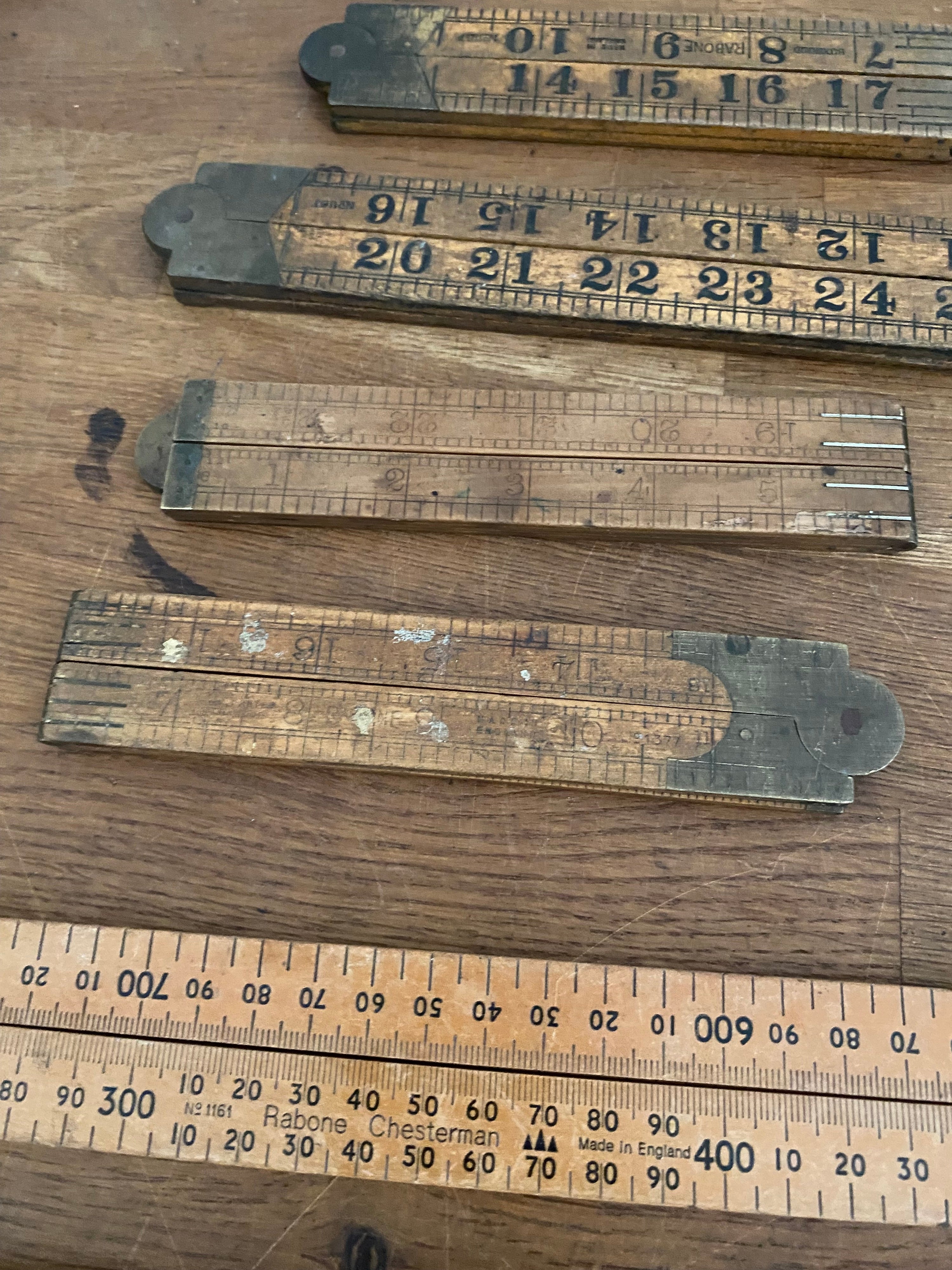 Joblot Of 15 Vintage Box Wood Folding Rulers , Mostly Rabone , Various Condition