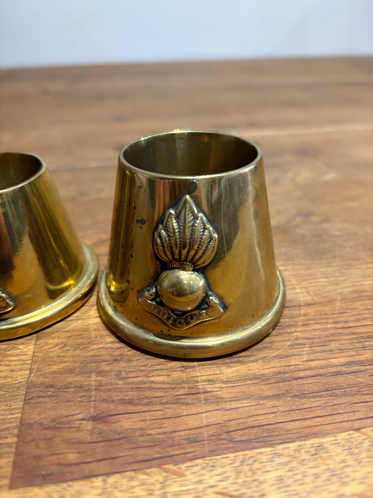 Vintage Pair Of Brass Royal Artillery ‘ubique’ Match Holders.