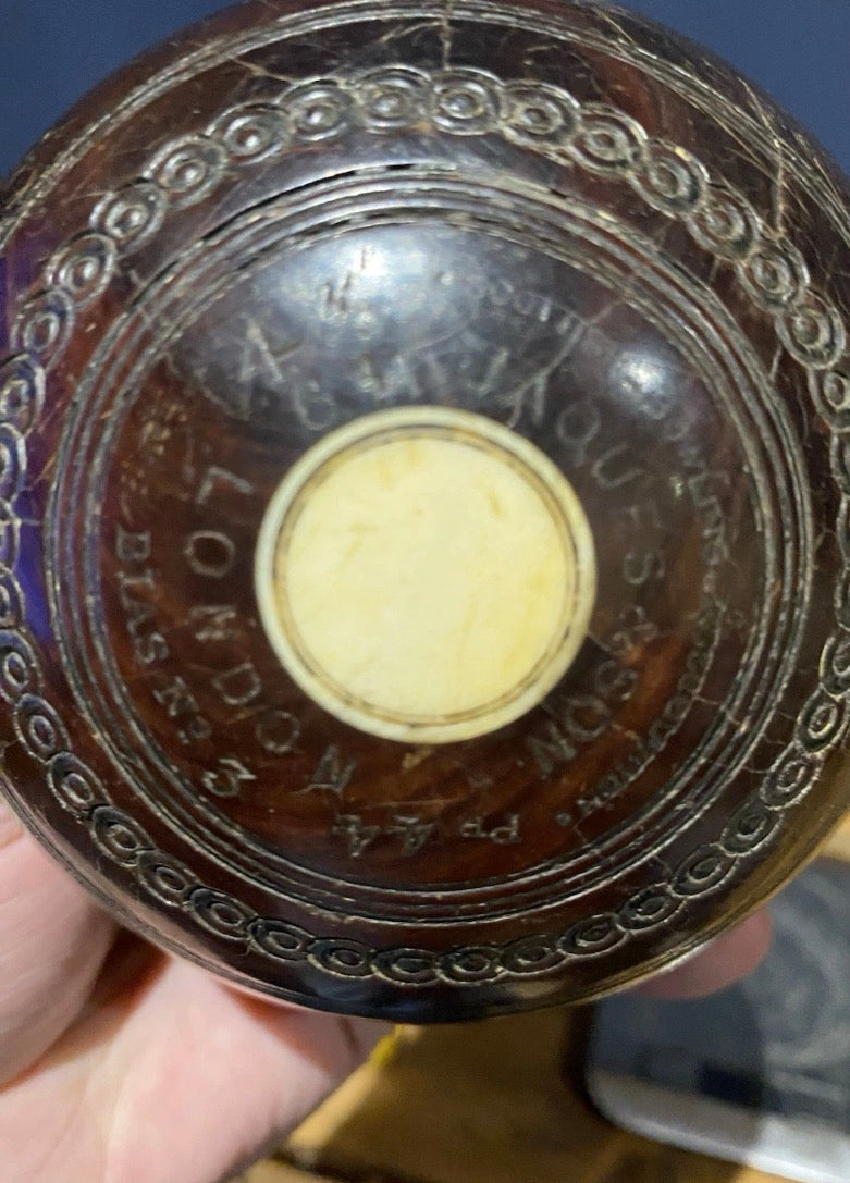 Pair Of Vintage Lawn Bowls Plus Bag , No3 Bias, 4 7/8.