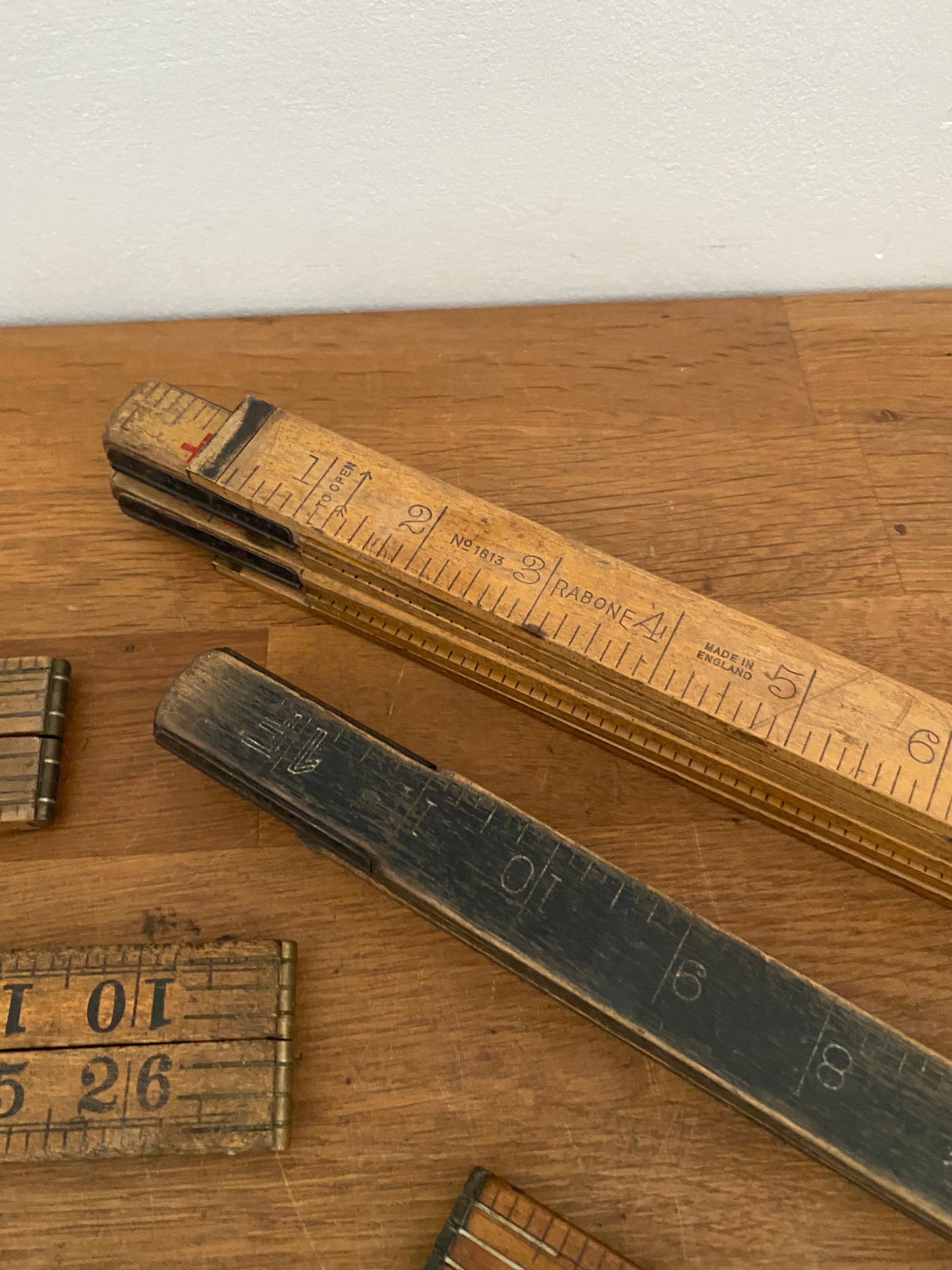 Joblot Of 15 Vintage Box Wood Folding Rulers , Mostly Rabone , Various Condition