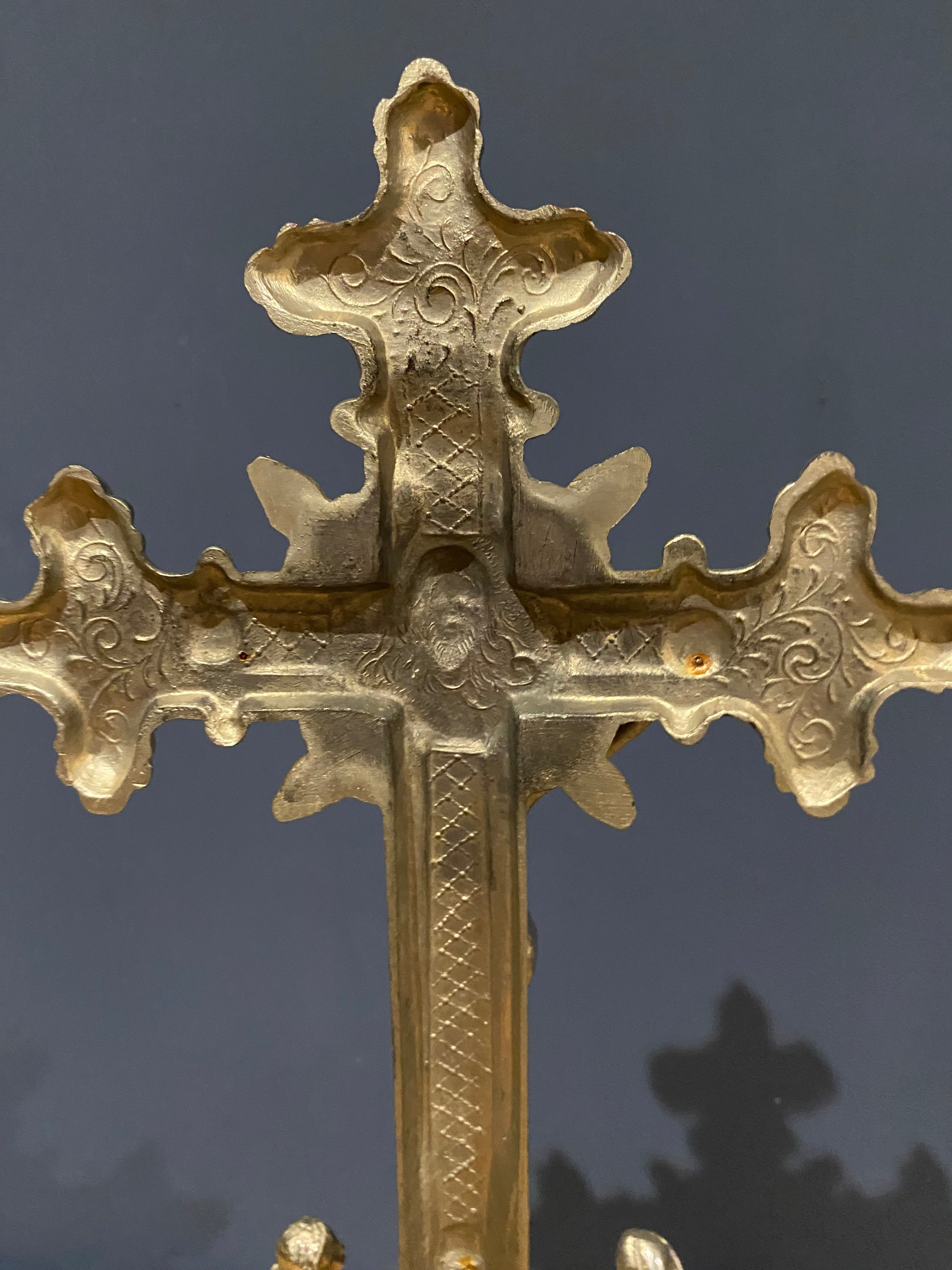 Vintage Mid Century French White Metal  Altar Crucifix 44 Cms High