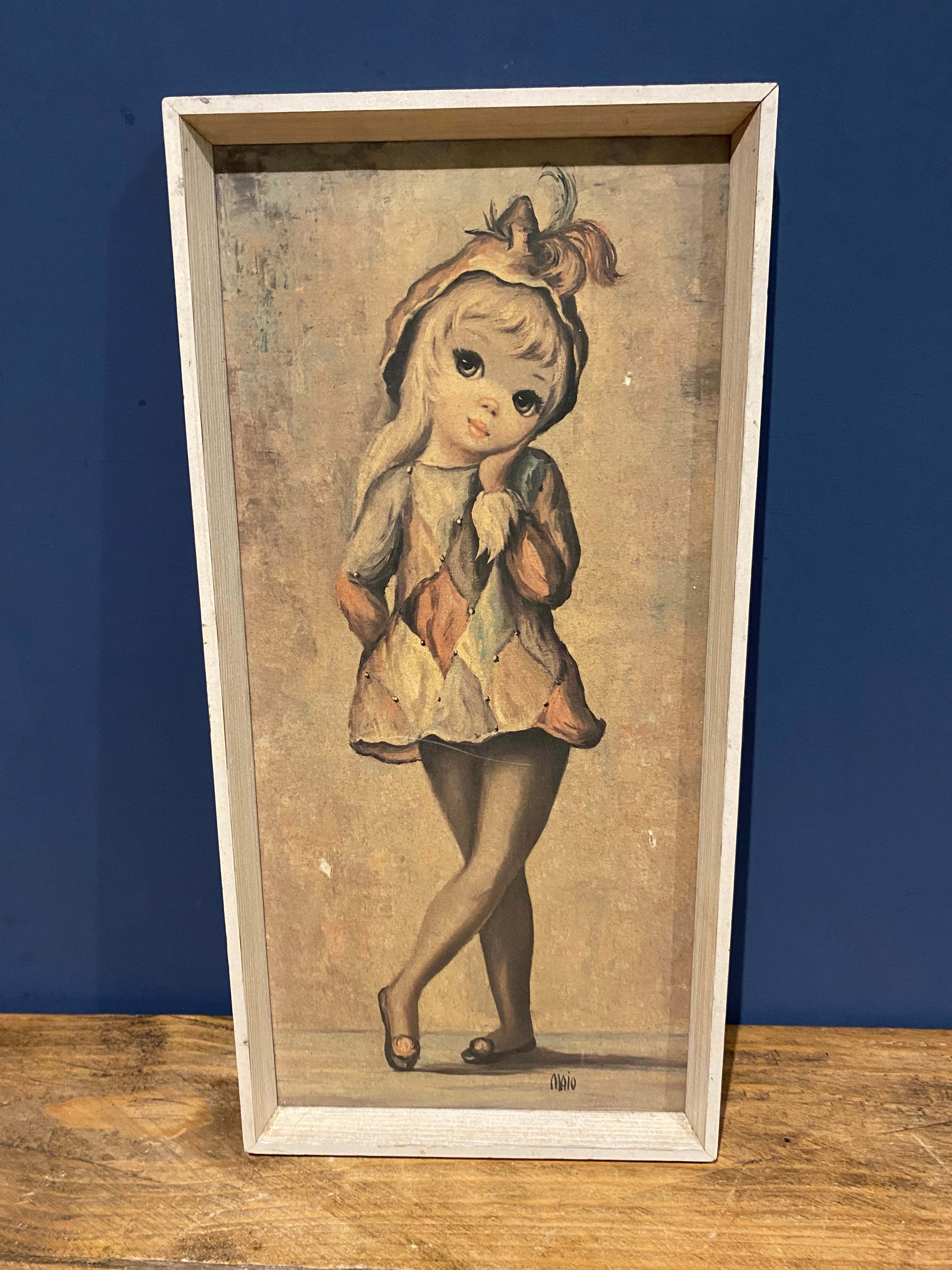 Vintage Maio Harlequin Girl , Big Eyes Print. Boots Framed Retro 60’s/70’s