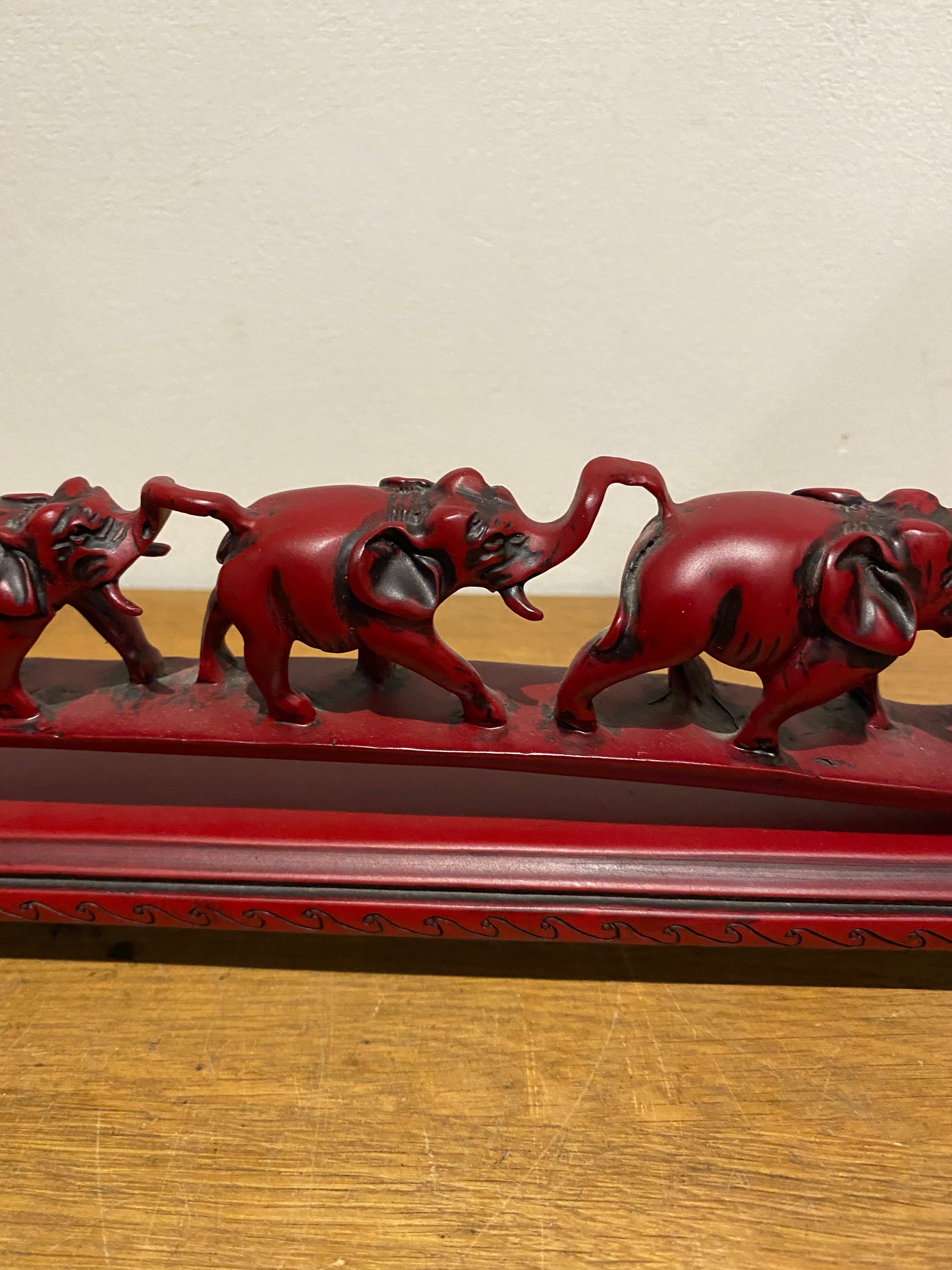 Parade Of Seven Lucky Elephant Resin Model Ornament, Made In China, Cinnabar Red