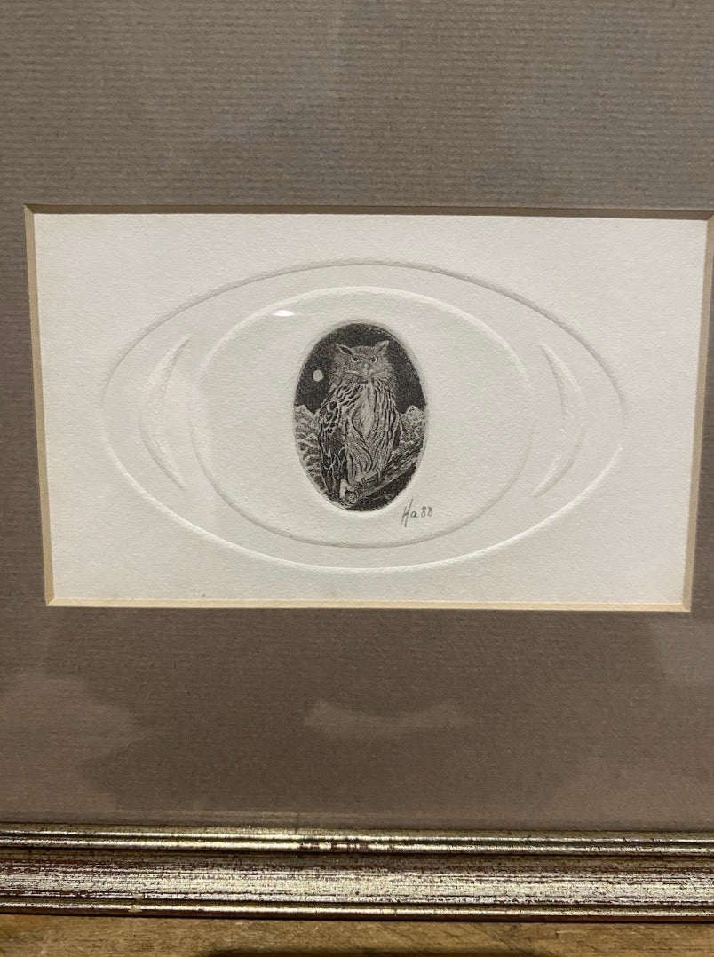 Vintage Miniature Etching Of An Owl On Embossed Paper , Framed