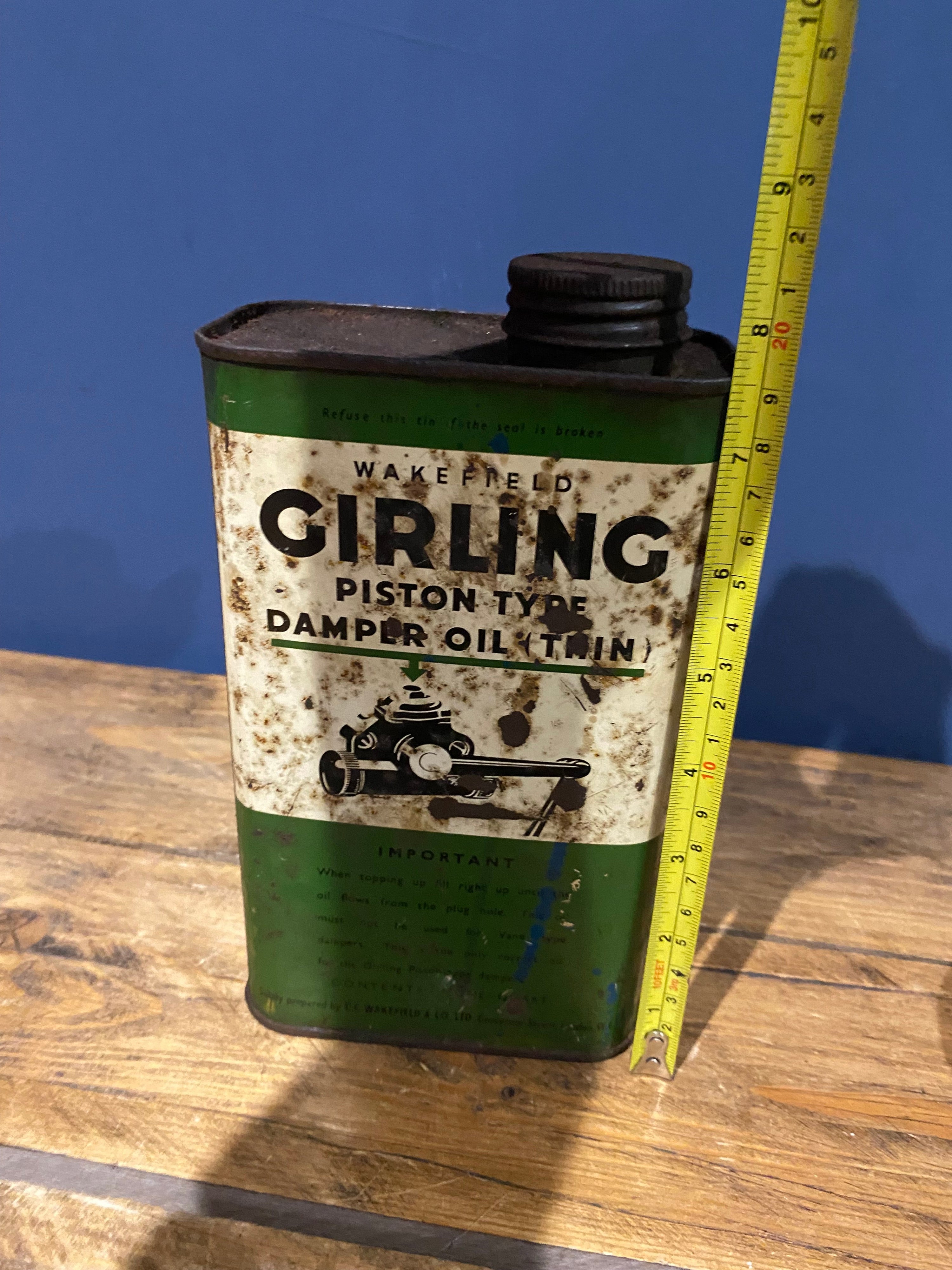 Vintage Wakefield Girling Piston Damper Oil Empty Tin , Castrol