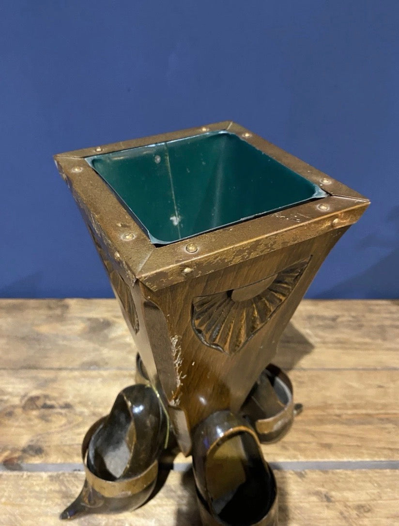 Unusual Vintage Carved Clog Vase, Wood And Copper