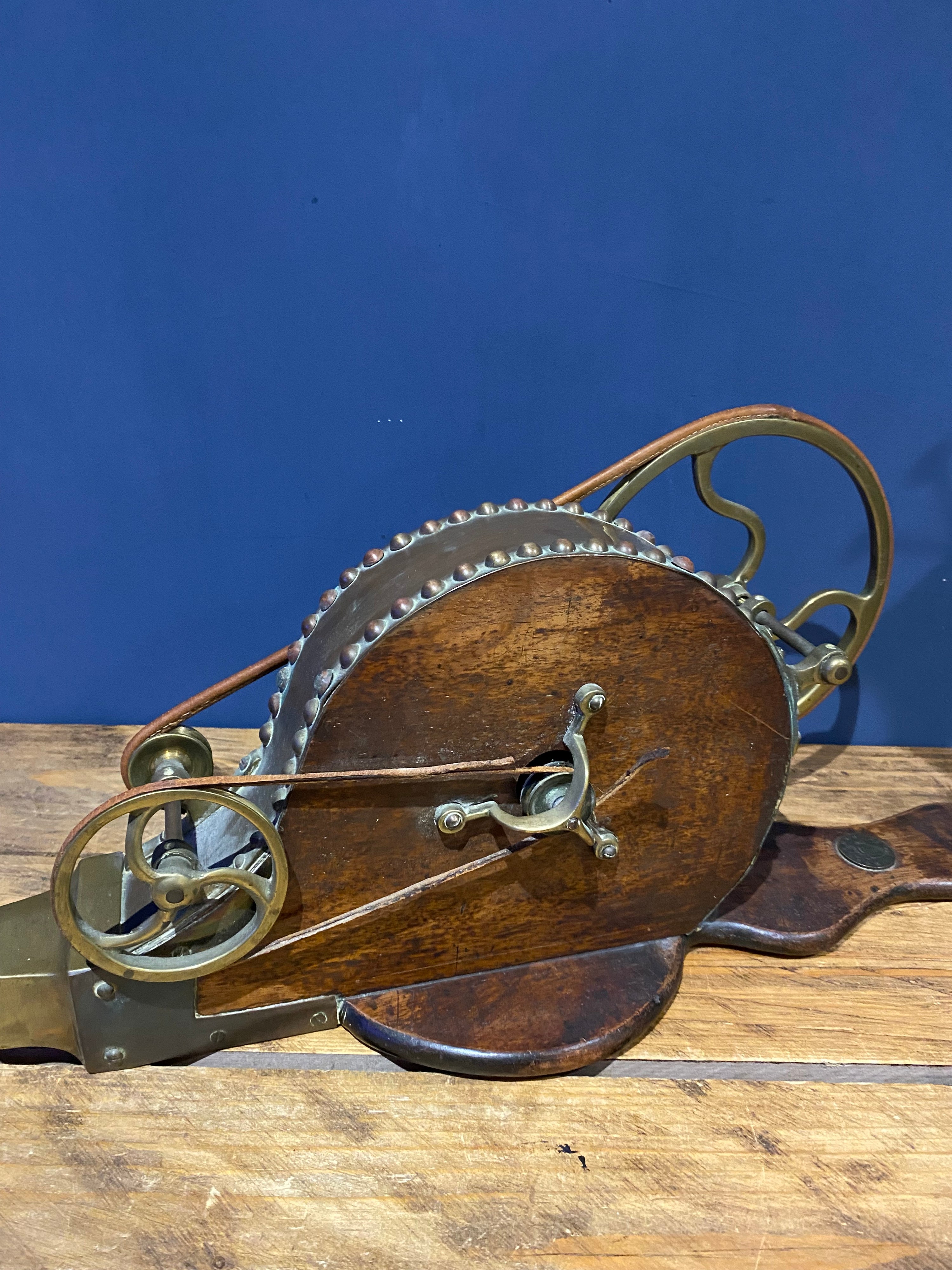 Early Mechanical Fire Bellows ,Copper, Brass, Wood , Irish Halfpenny In Handle .
