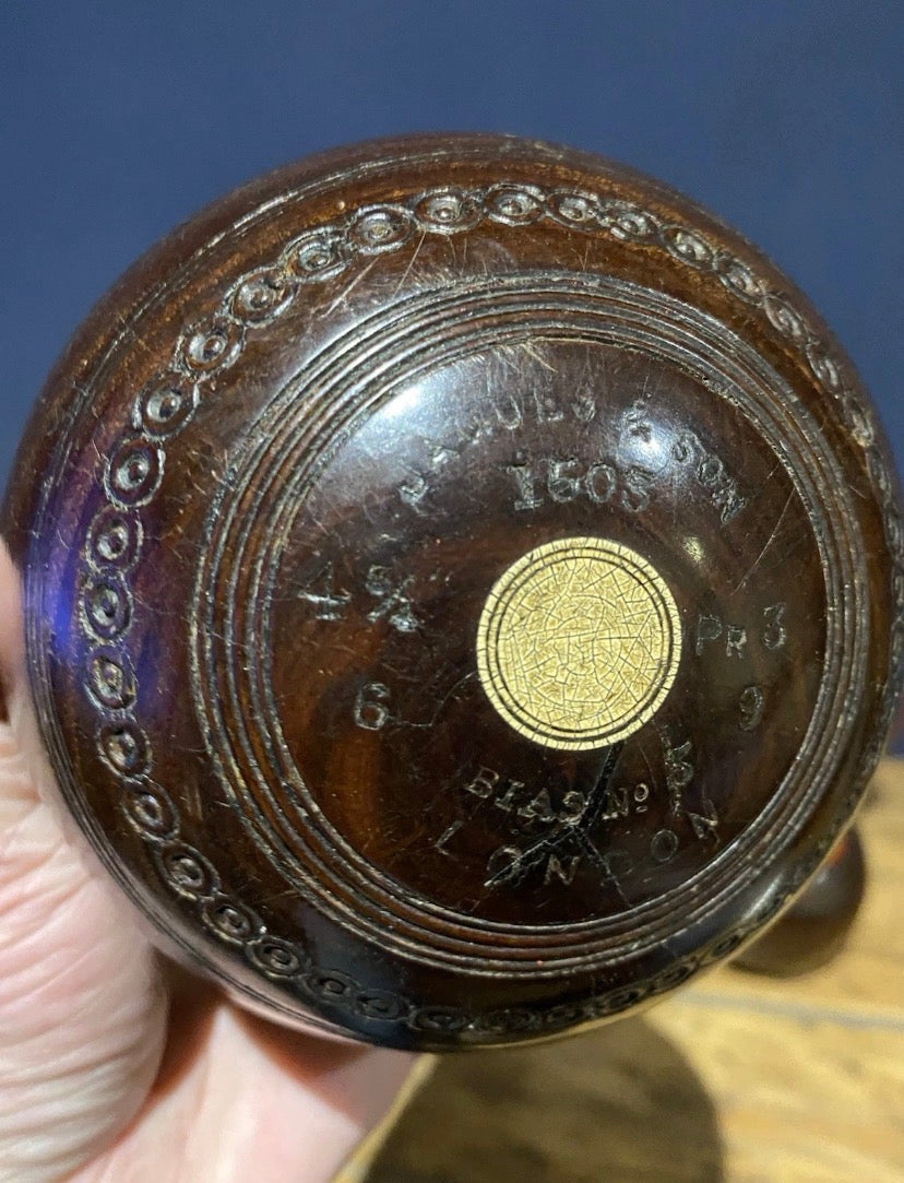 Pair Of Vintage Jaques Lawn Bowls Plus Bag , No3 Bias, 4 3/4”, 1503