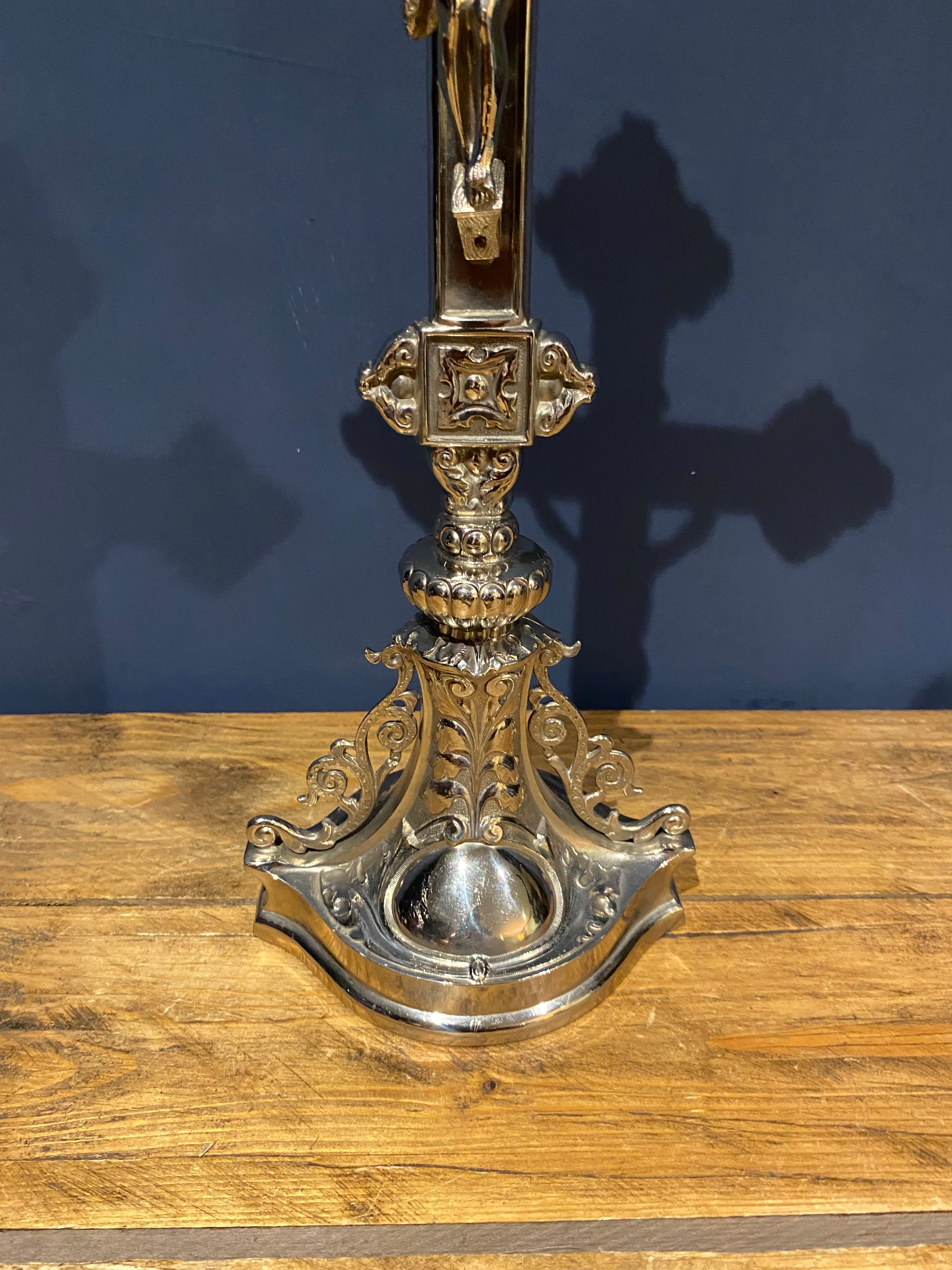 Vintage Mid Century French White Metal /chrome Altar Crucifix 43 Cms High