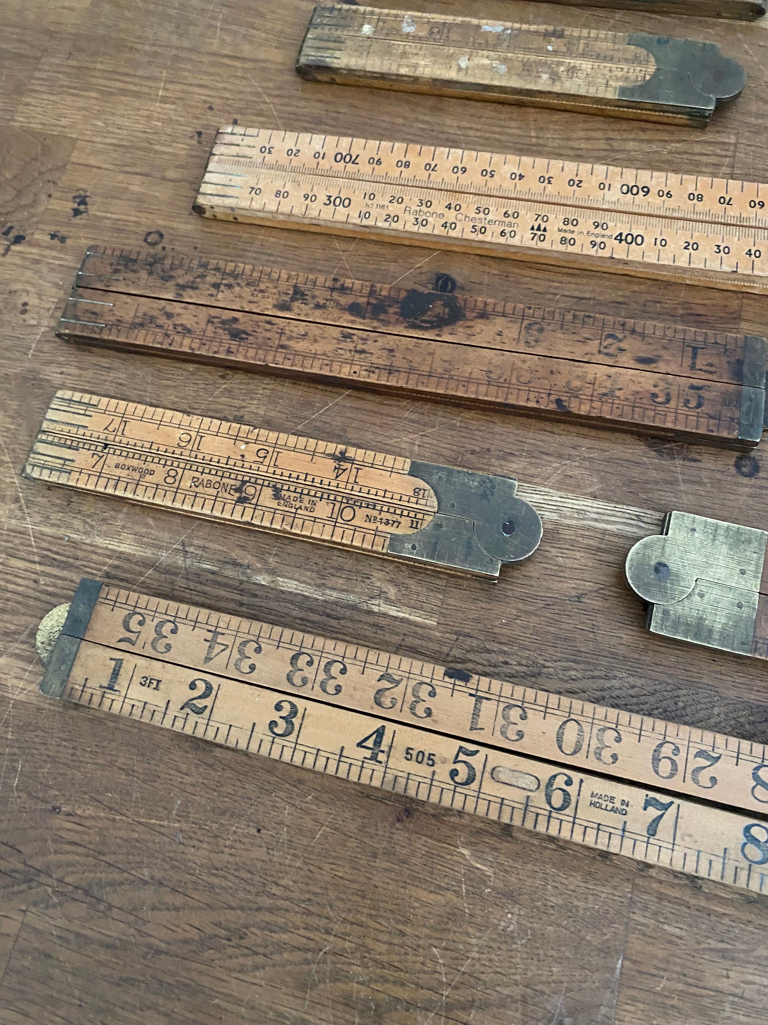 Joblot Of 15 Vintage Box Wood Folding Rulers , Mostly Rabone , Various Condition