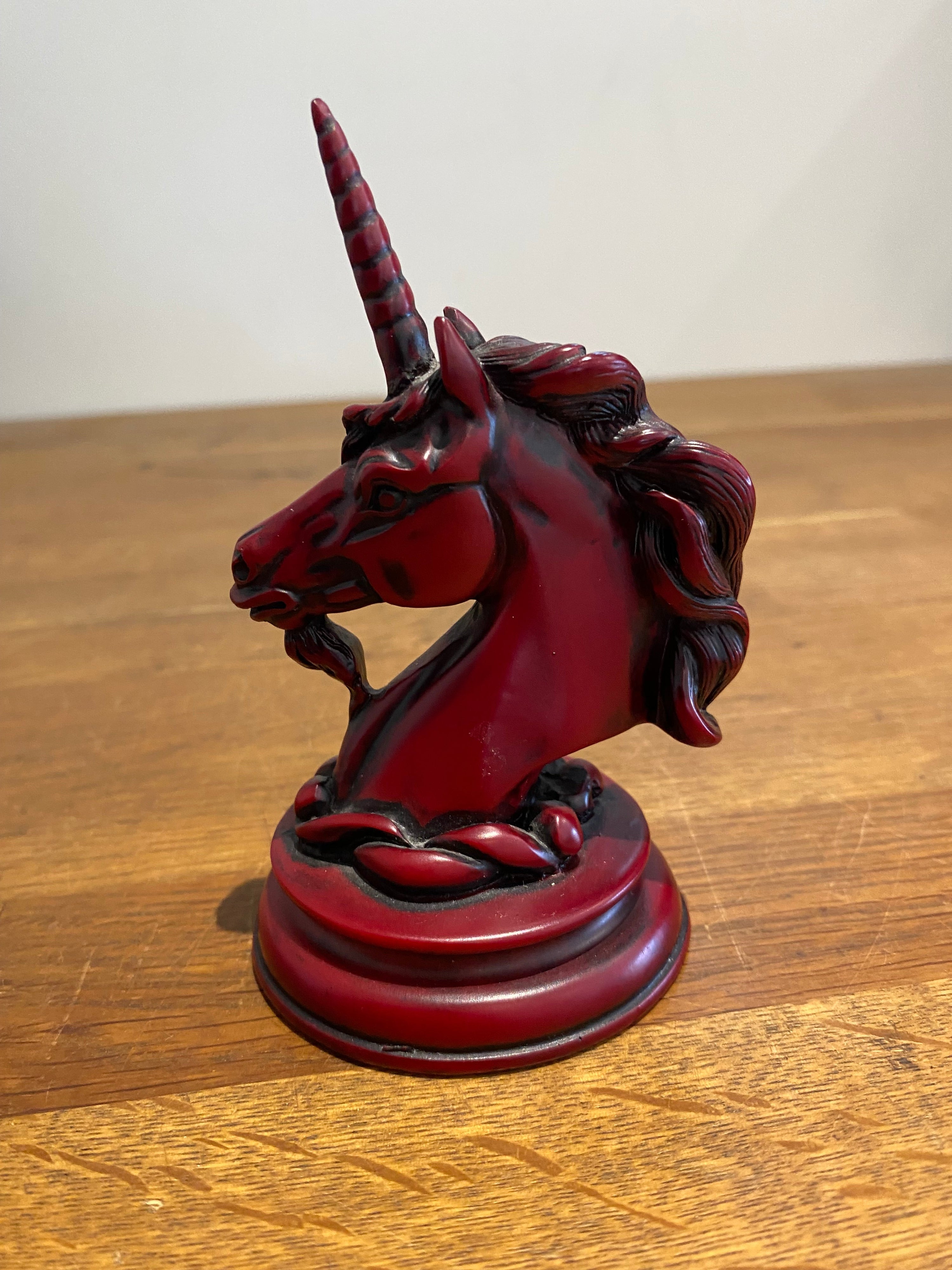 Red Resin Unicorn Head Ornament 12.5 Cms High.