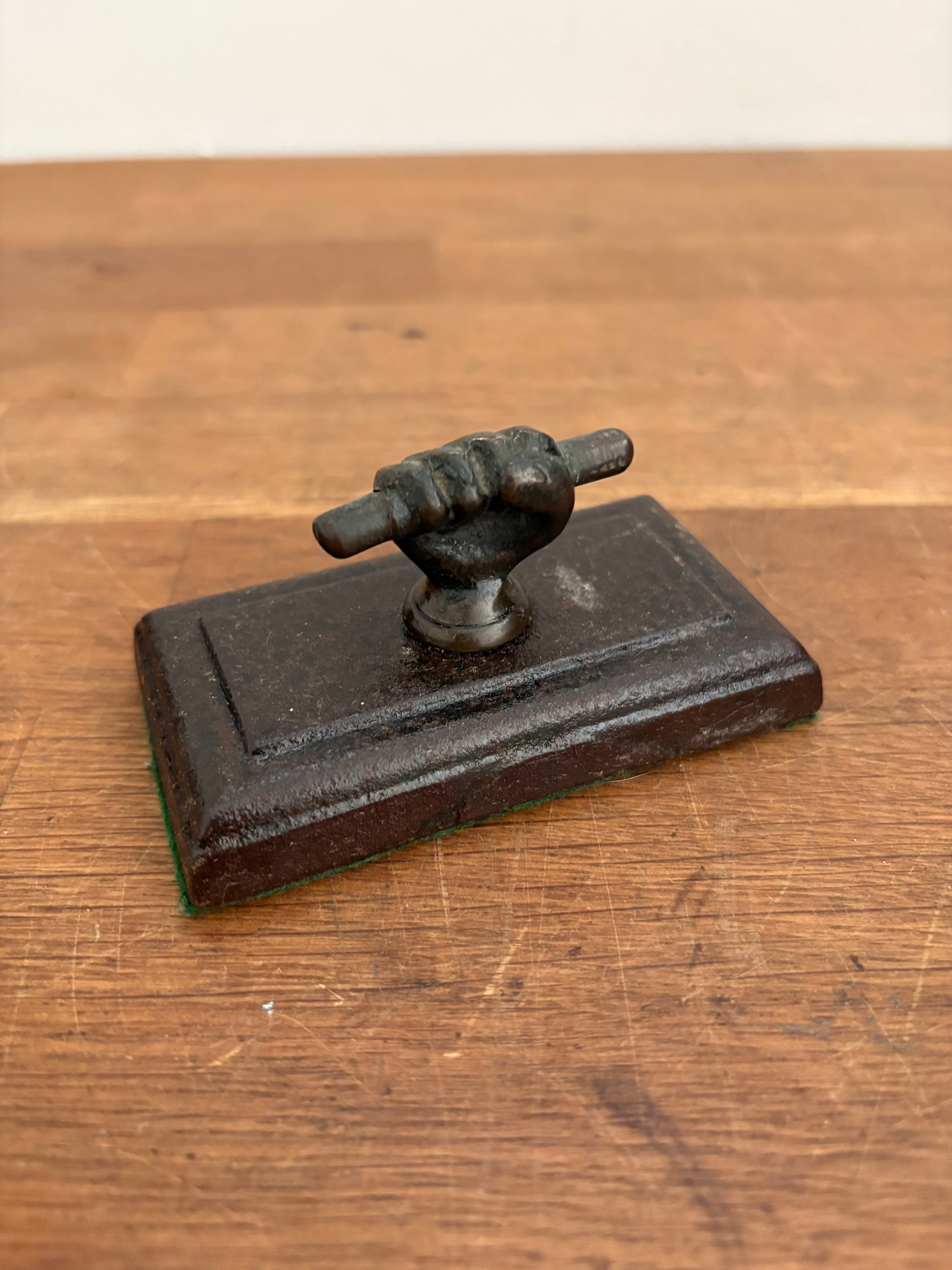 Antique Cast Iron Paperweight, Fist And Scroll/ Hand And Scroll . Brass Hand